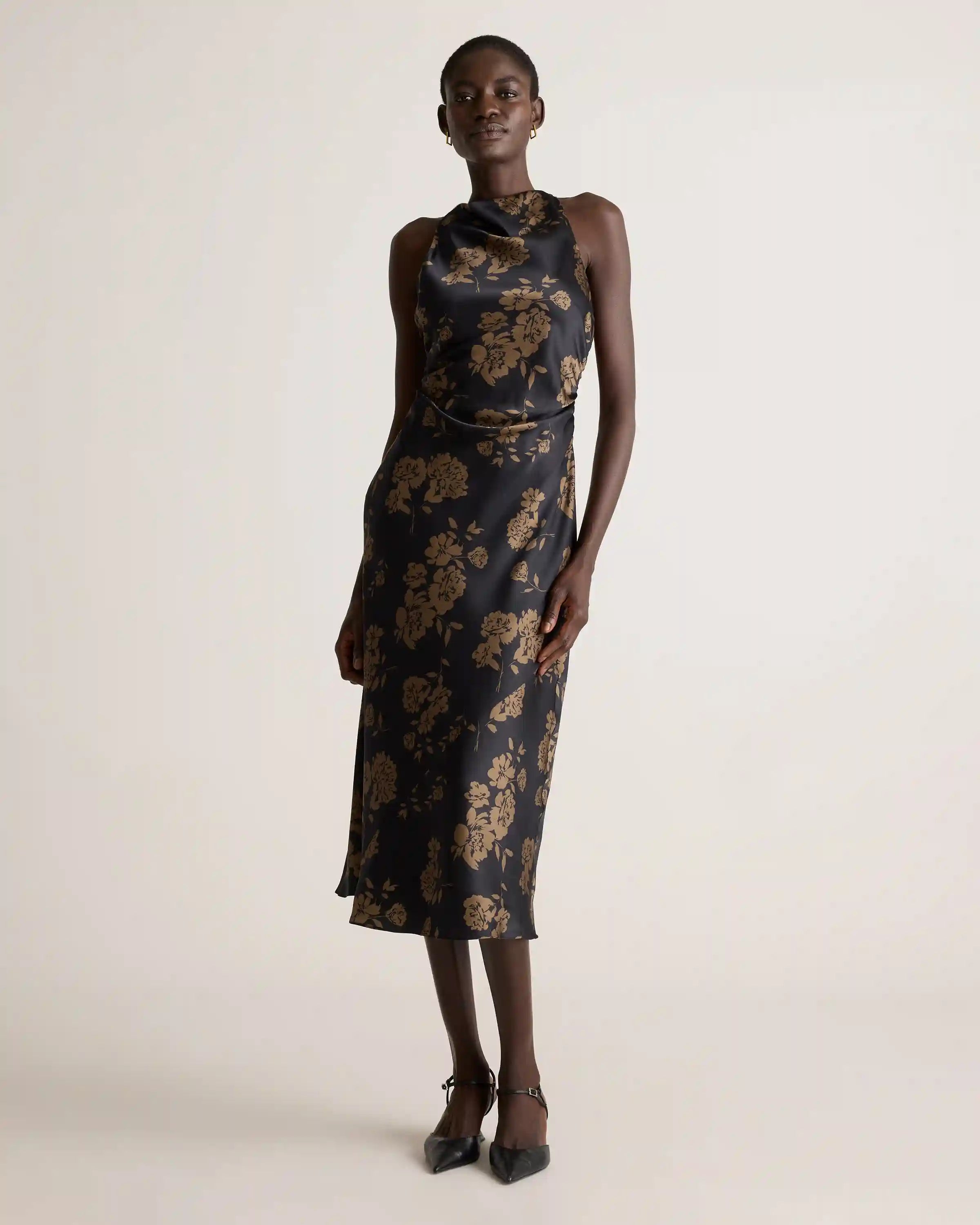 Washable Stretch Silk High Neck Midi Dress