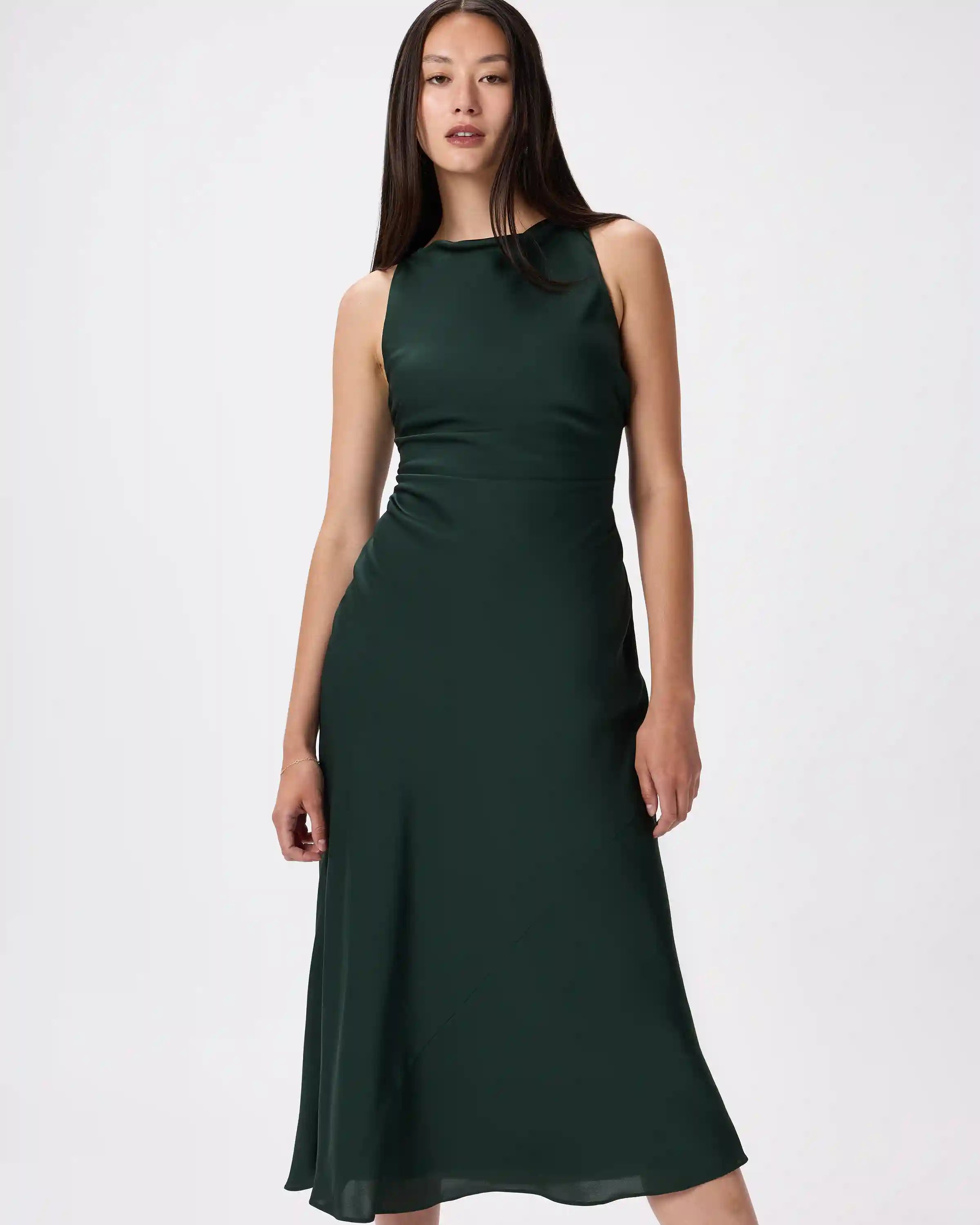 Washable Stretch Silk High Neck Midi Dress