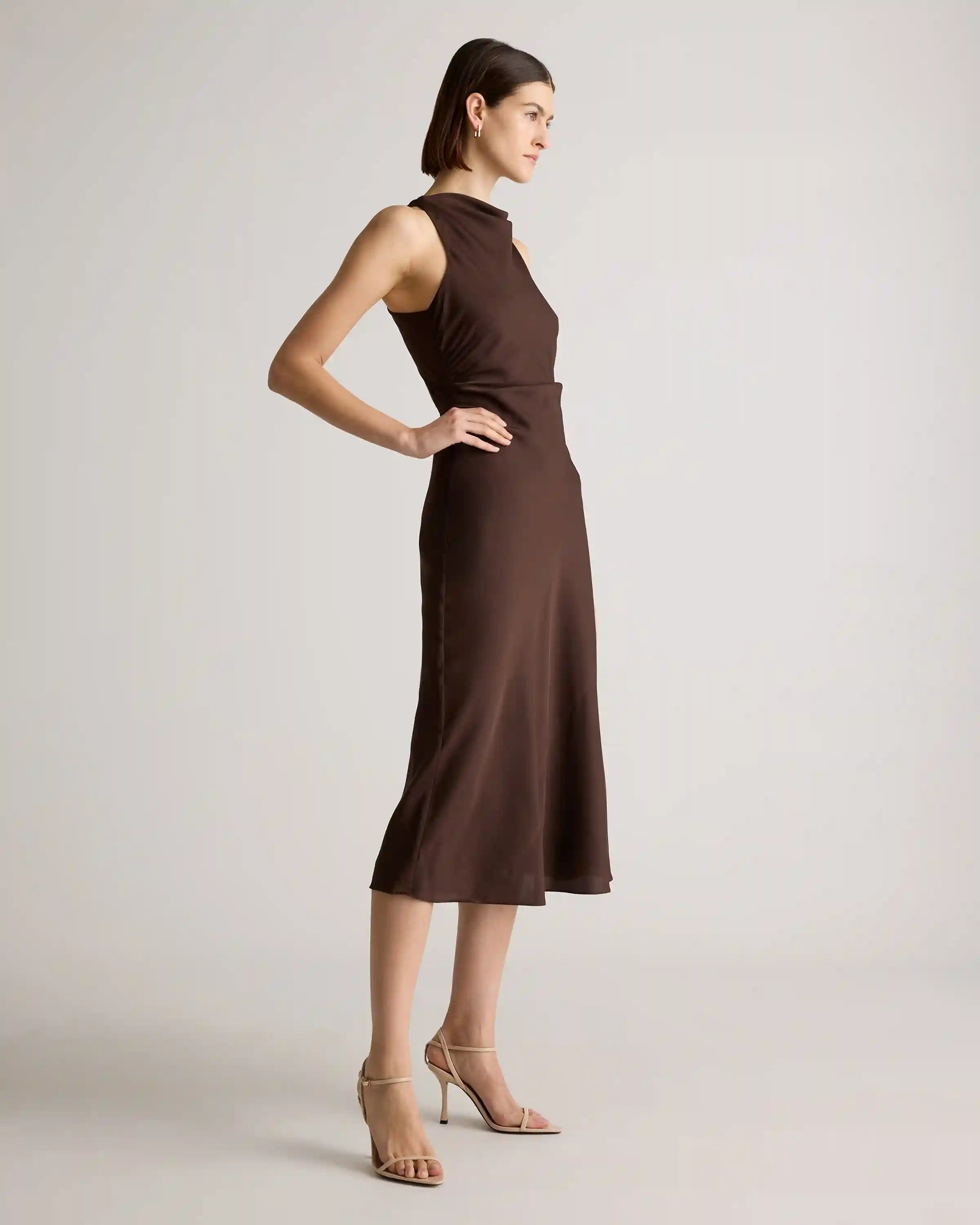 Washable Stretch Silk High Neck Midi Dress