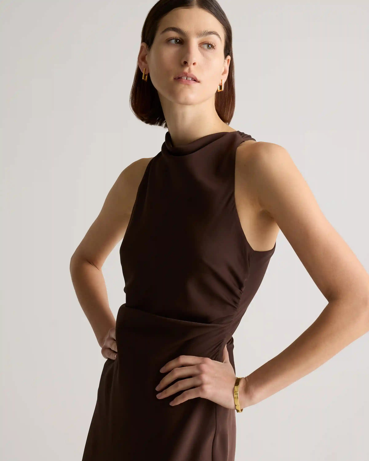 Washable Stretch Silk High Neck Midi Dress