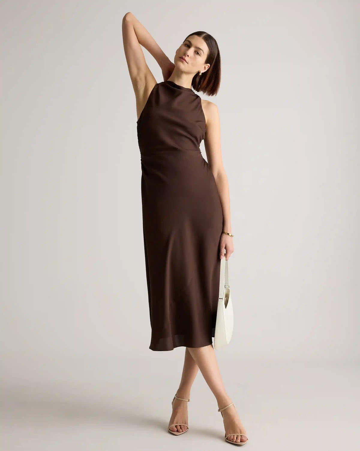 Washable Stretch Silk High Neck Midi Dress