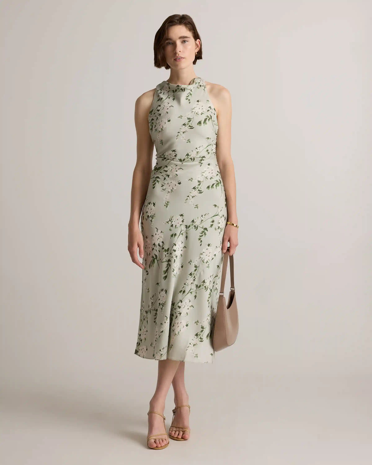 Washable Stretch Silk High Neck Midi Dress