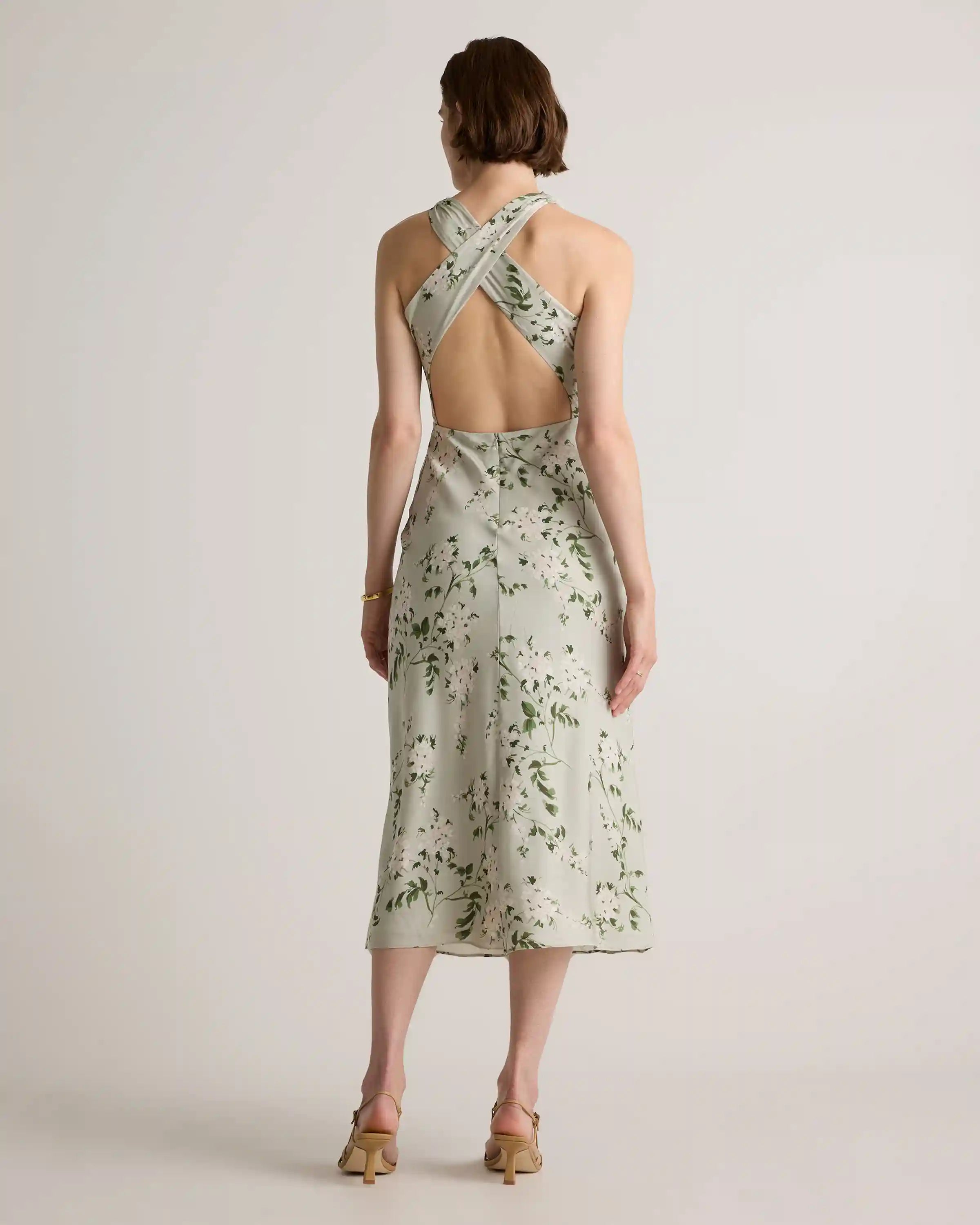 Washable Stretch Silk High Neck Midi Dress