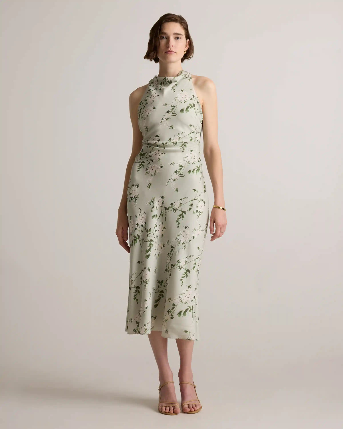 Washable Stretch Silk High Neck Midi Dress