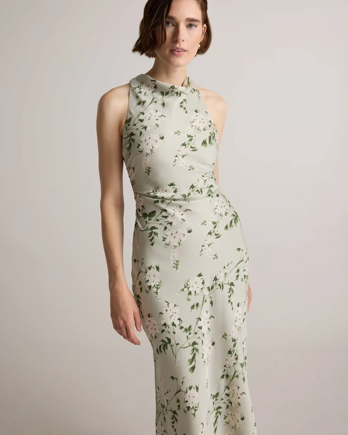 Washable Stretch Silk High Neck Midi Dress