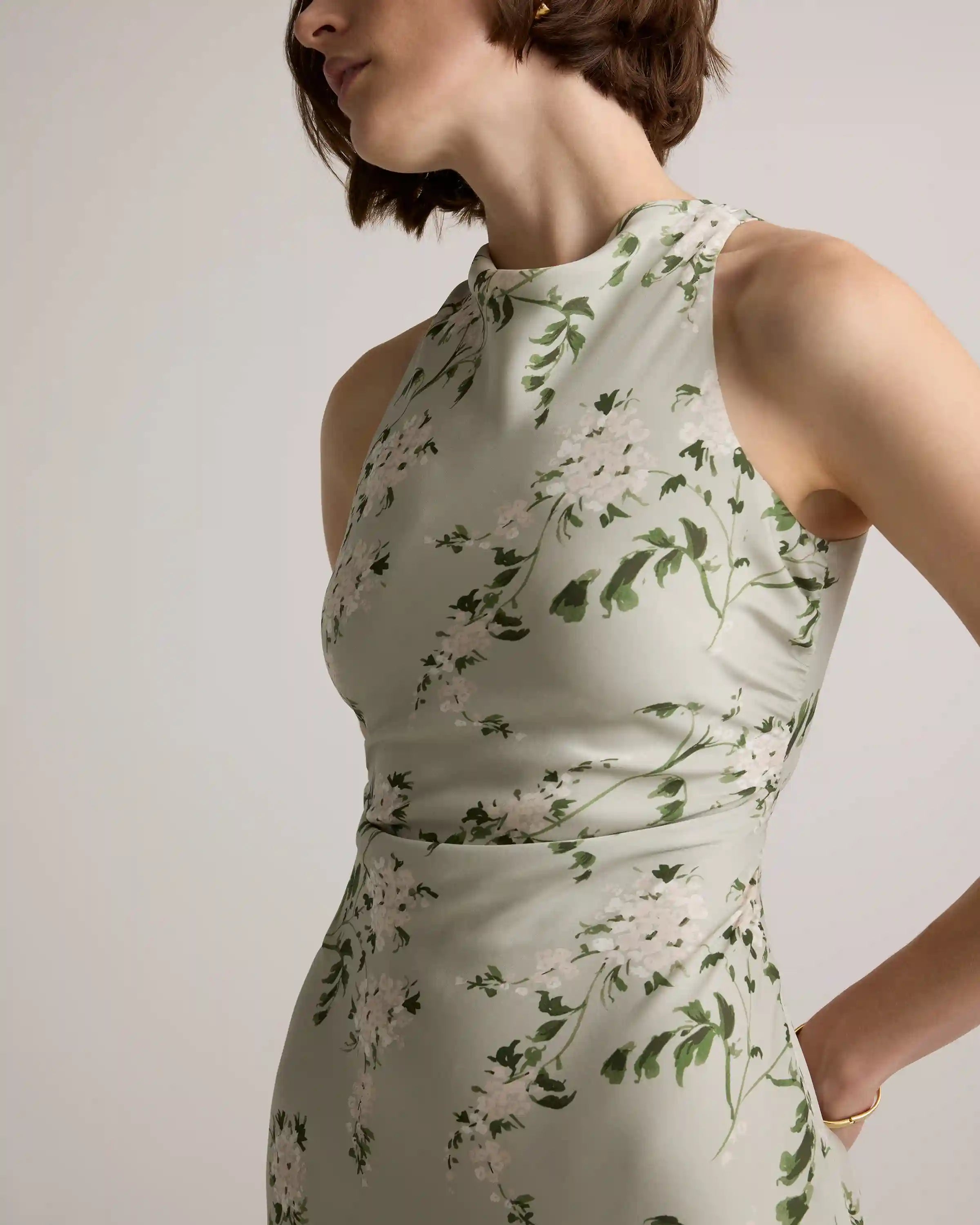 Washable Stretch Silk High Neck Midi Dress