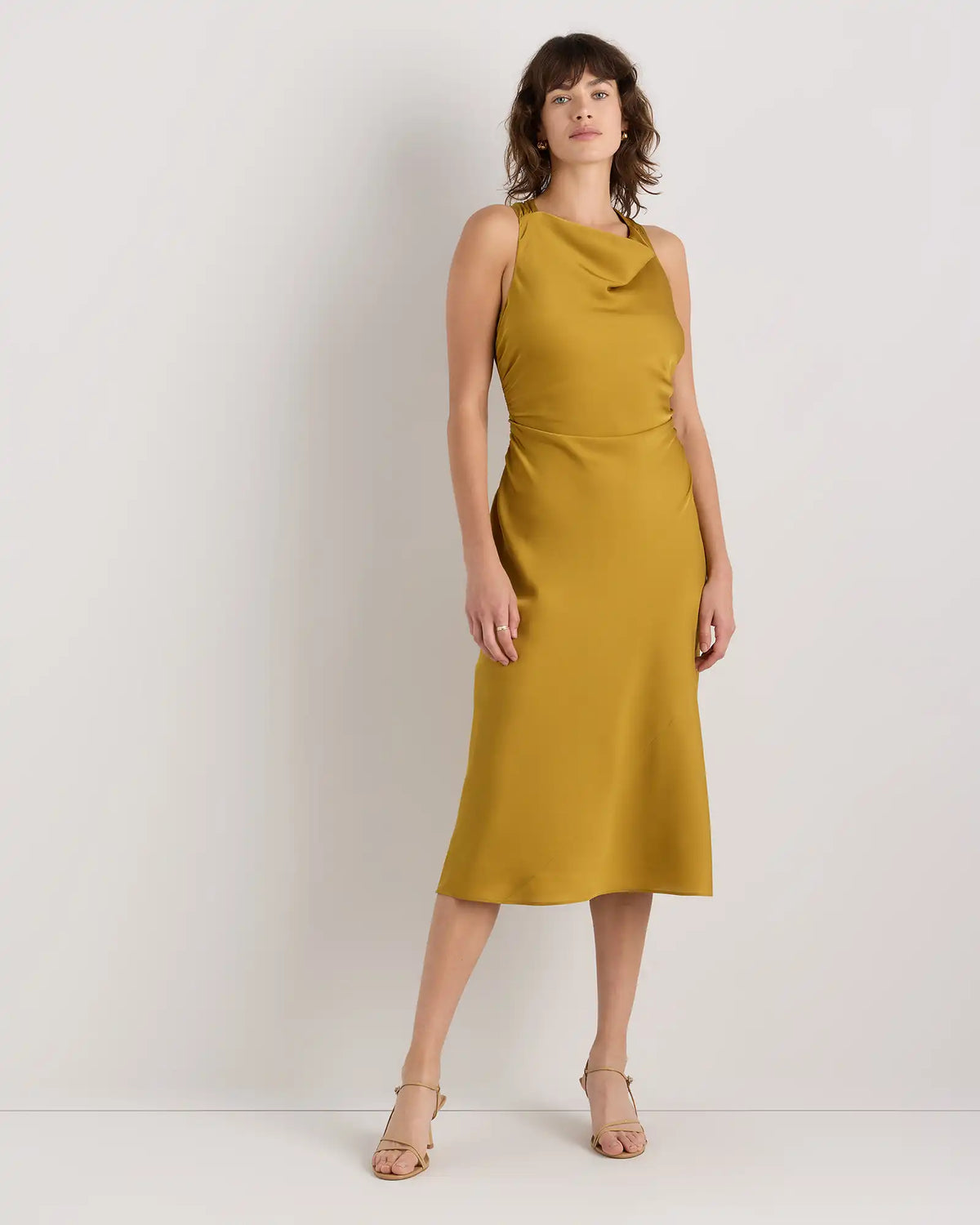 Washable Stretch Silk High Neck Midi Dress