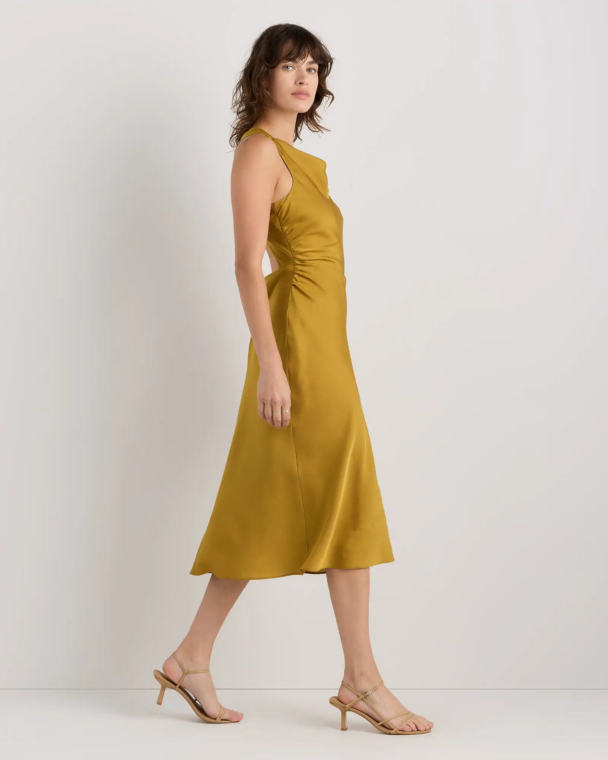 Washable Stretch Silk High Neck Midi Dress