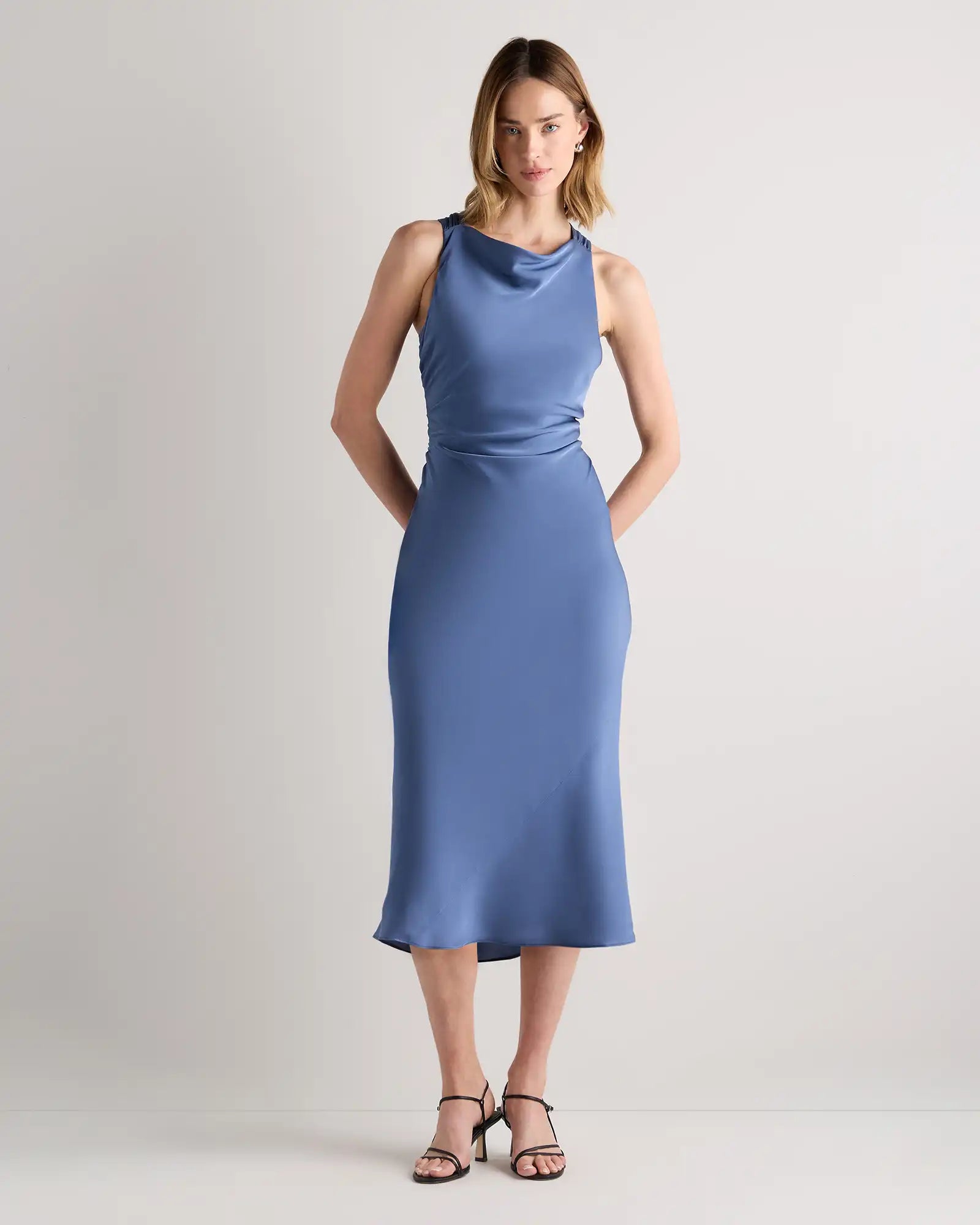 Washable Stretch Silk High Neck Midi Dress