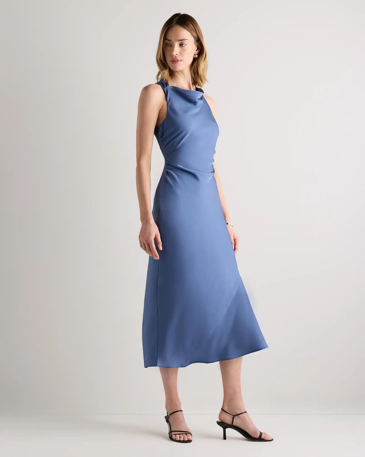 Washable Stretch Silk High Neck Midi Dress