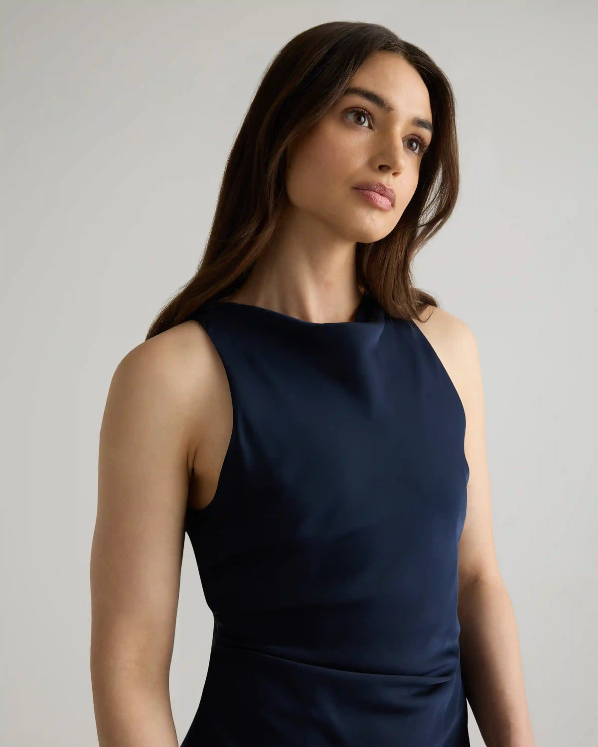 Washable Stretch Silk High Neck Midi Dress