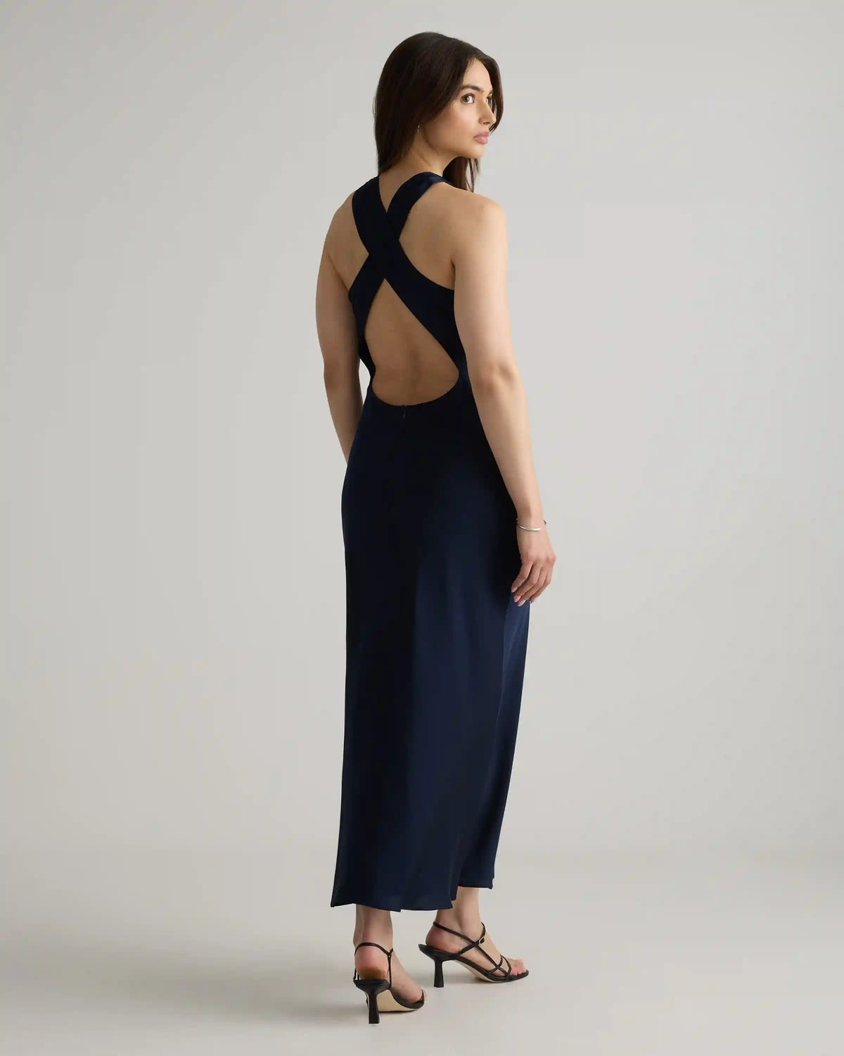 Washable Stretch Silk High Neck Midi Dress