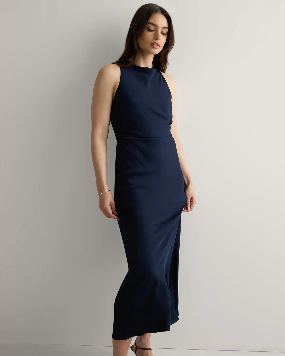 Washable Stretch Silk High Neck Midi Dress