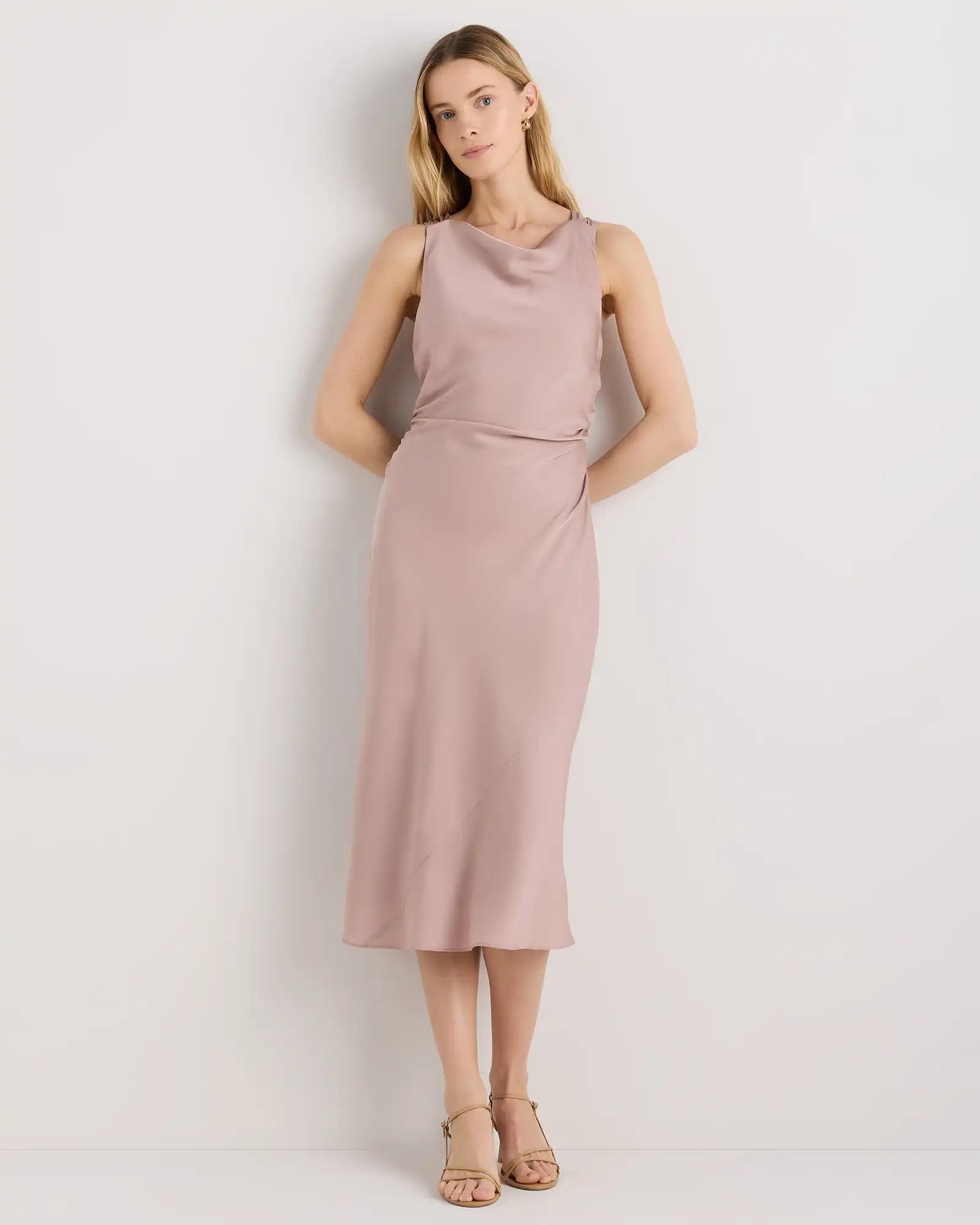 Washable Stretch Silk High Neck Midi Dress