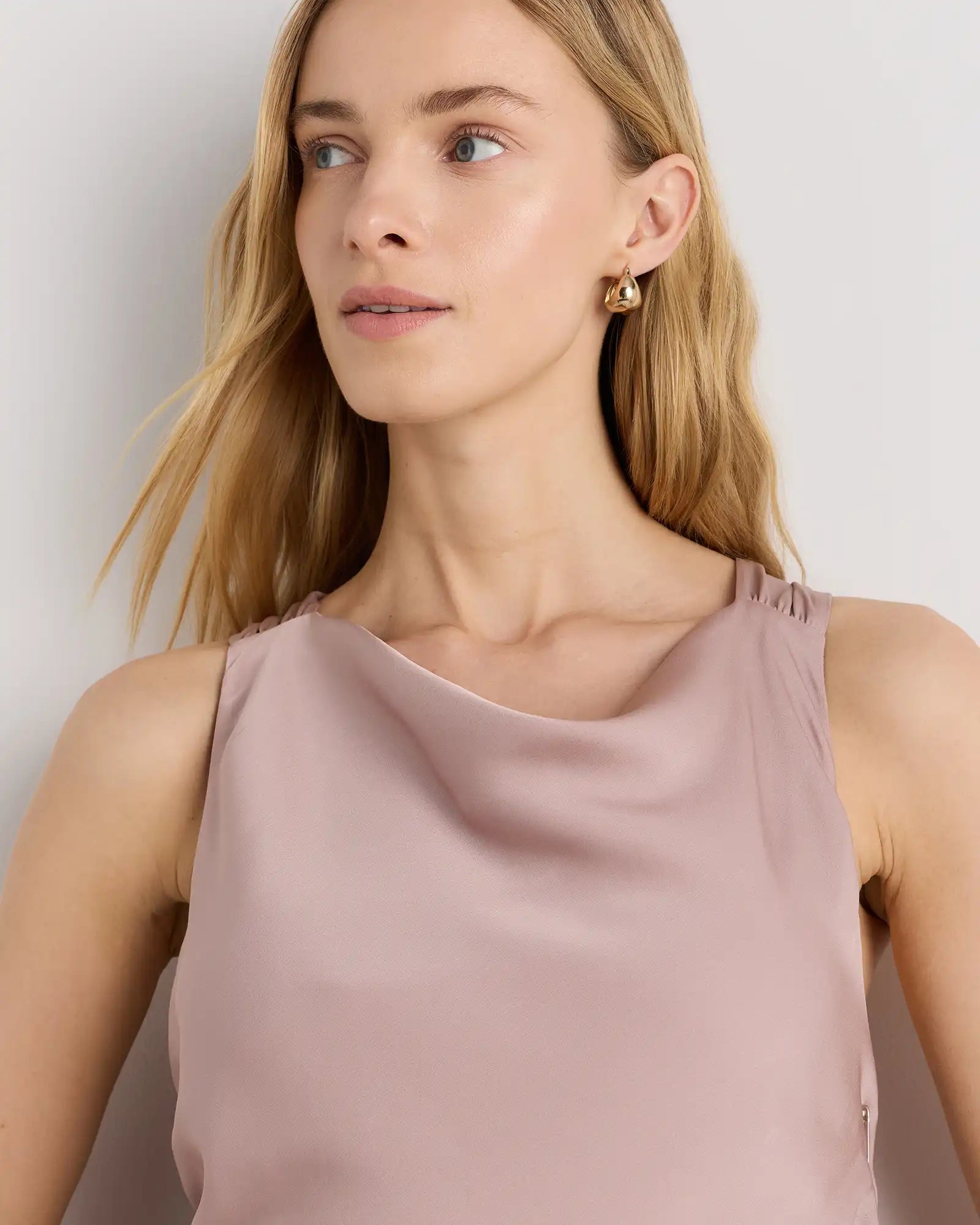 Washable Stretch Silk High Neck Midi Dress