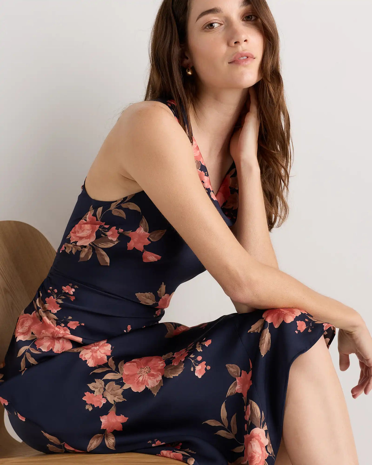 Washable Stretch Silk High Neck Midi Dress