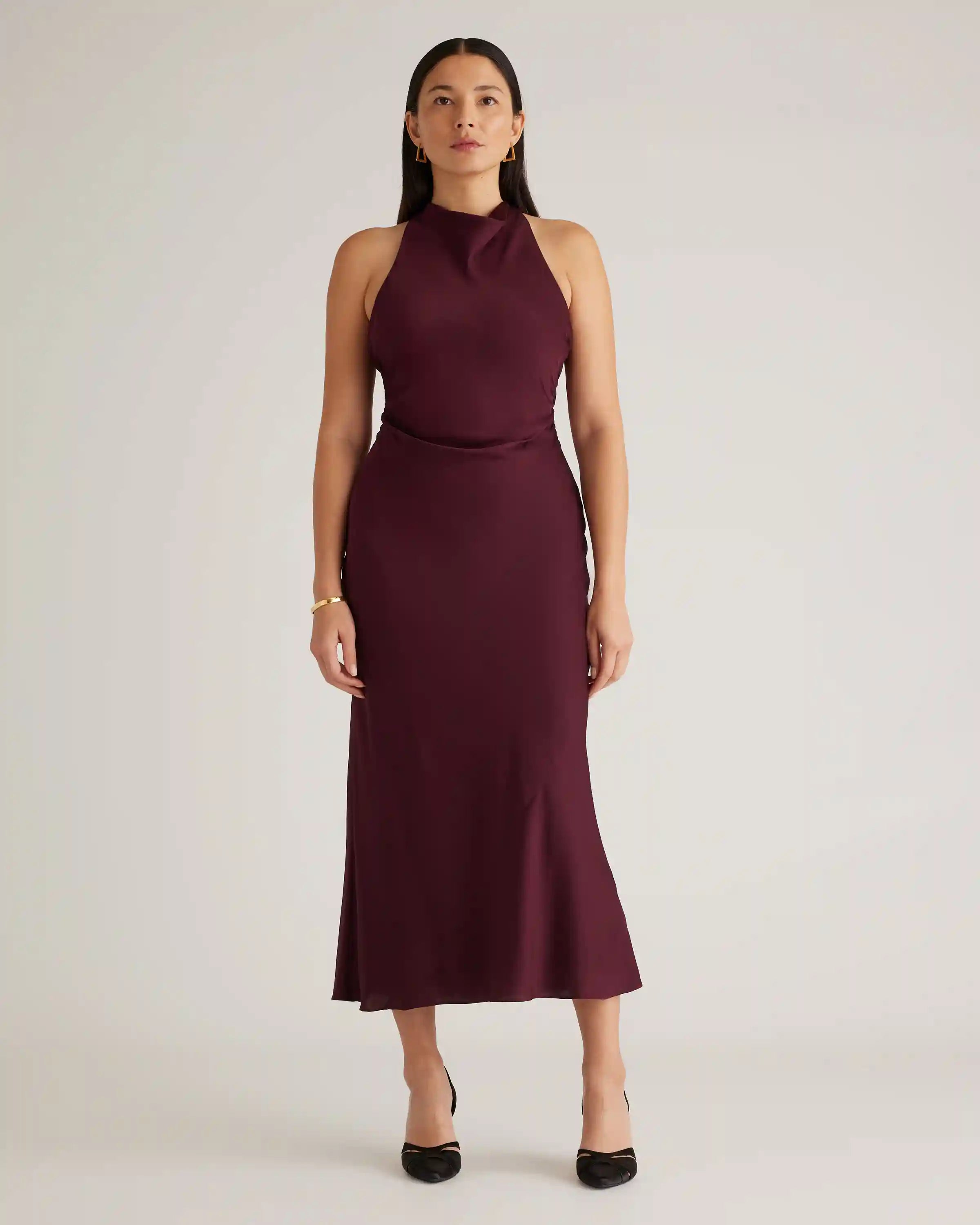 Washable Stretch Silk High Neck Midi Dress