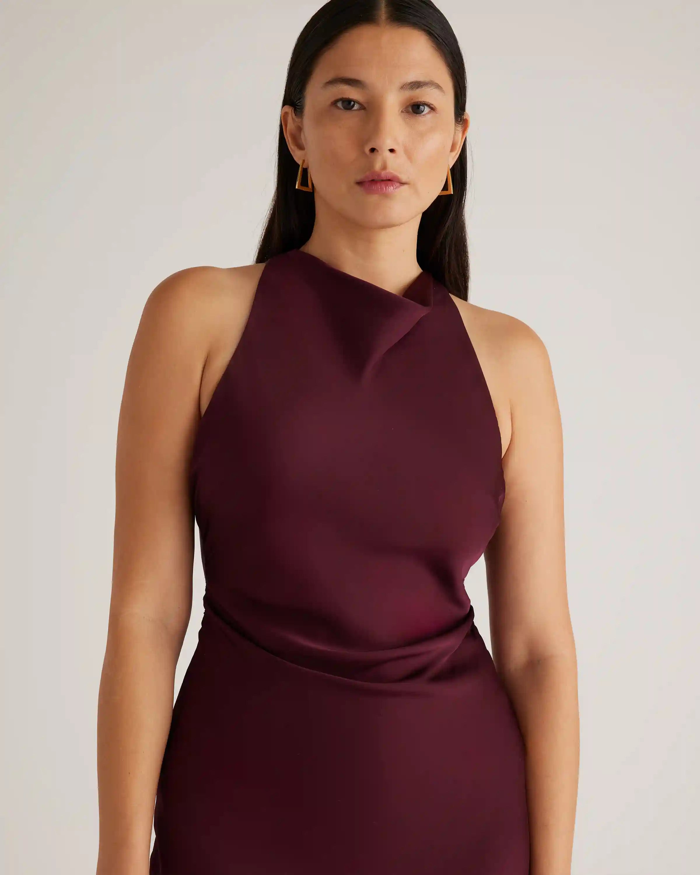Washable Stretch Silk High Neck Midi Dress