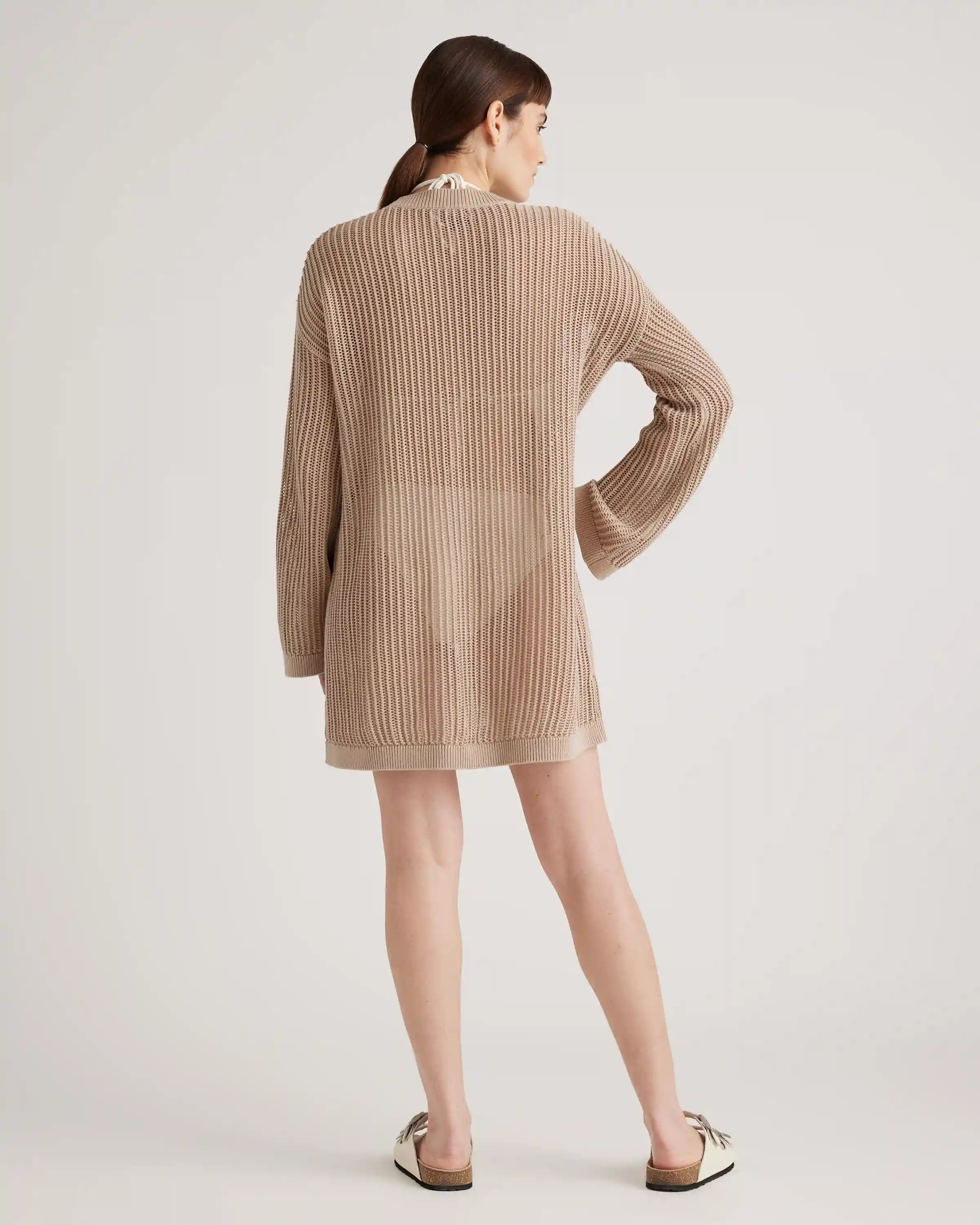 100% Organic Cotton Open-Knit Long Sleeve Cover-Up Mini Dress