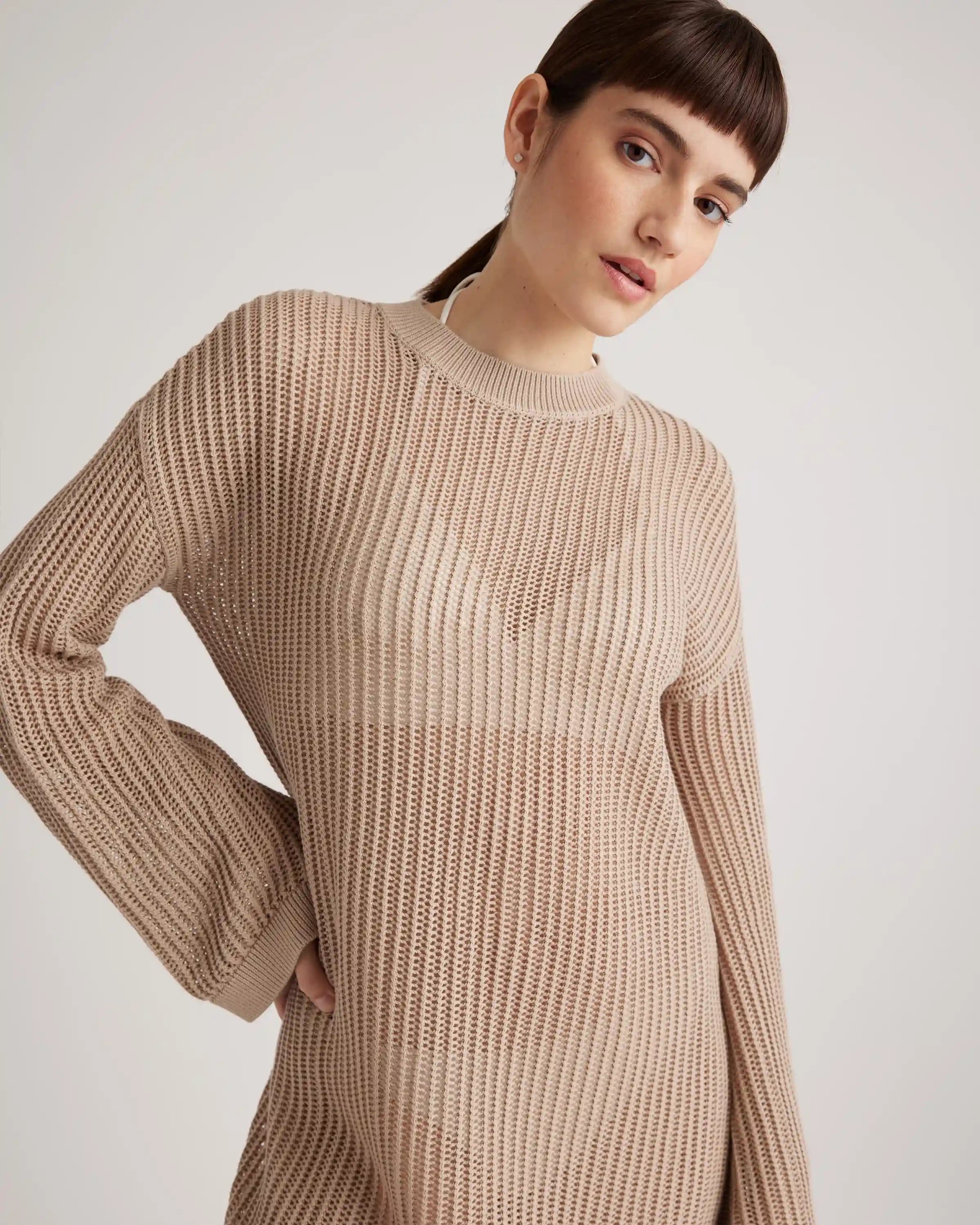 100% Organic Cotton Open-Knit Long Sleeve Cover-Up Mini Dress