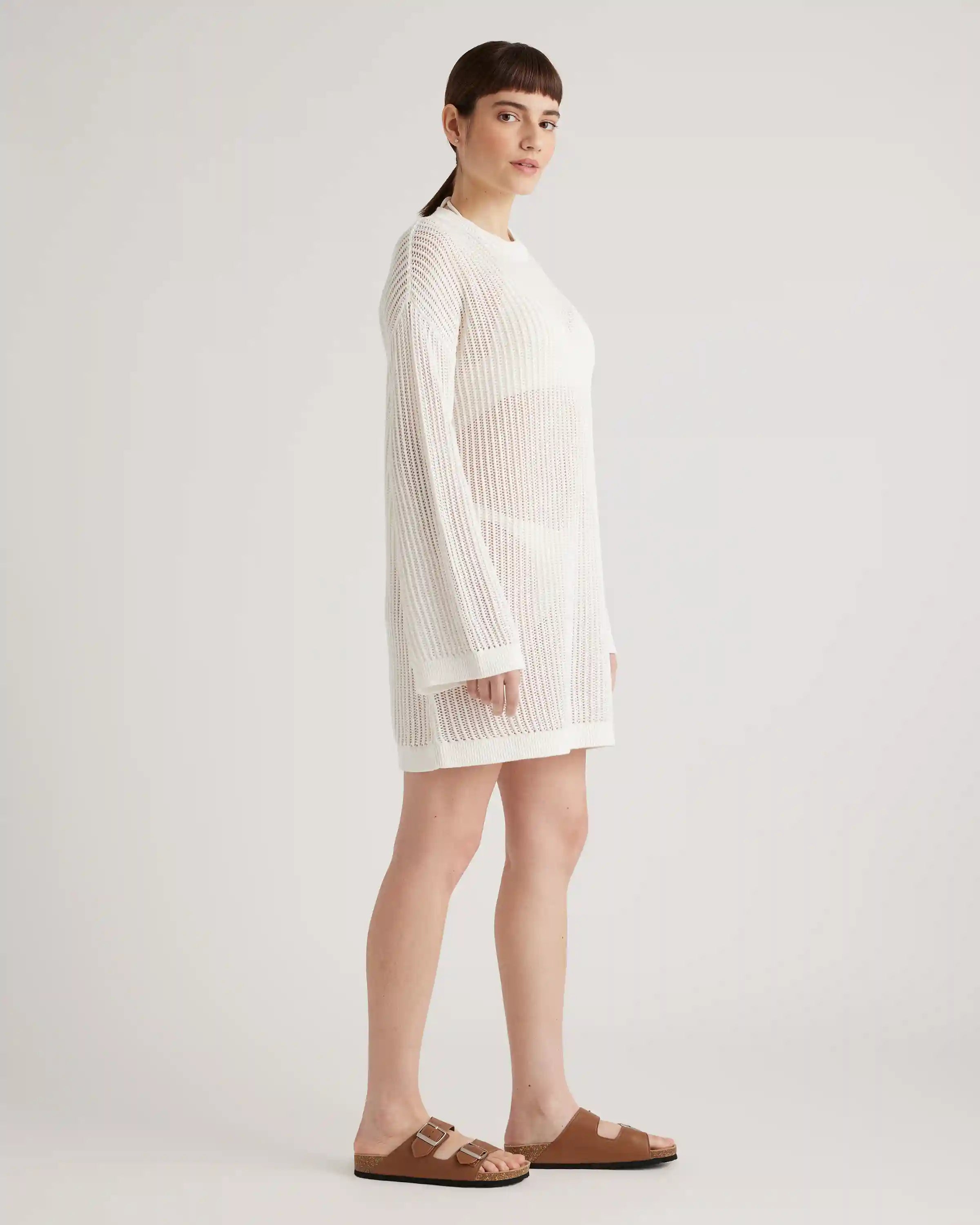 100% Organic Cotton Open-Knit Long Sleeve Cover-Up Mini Dress