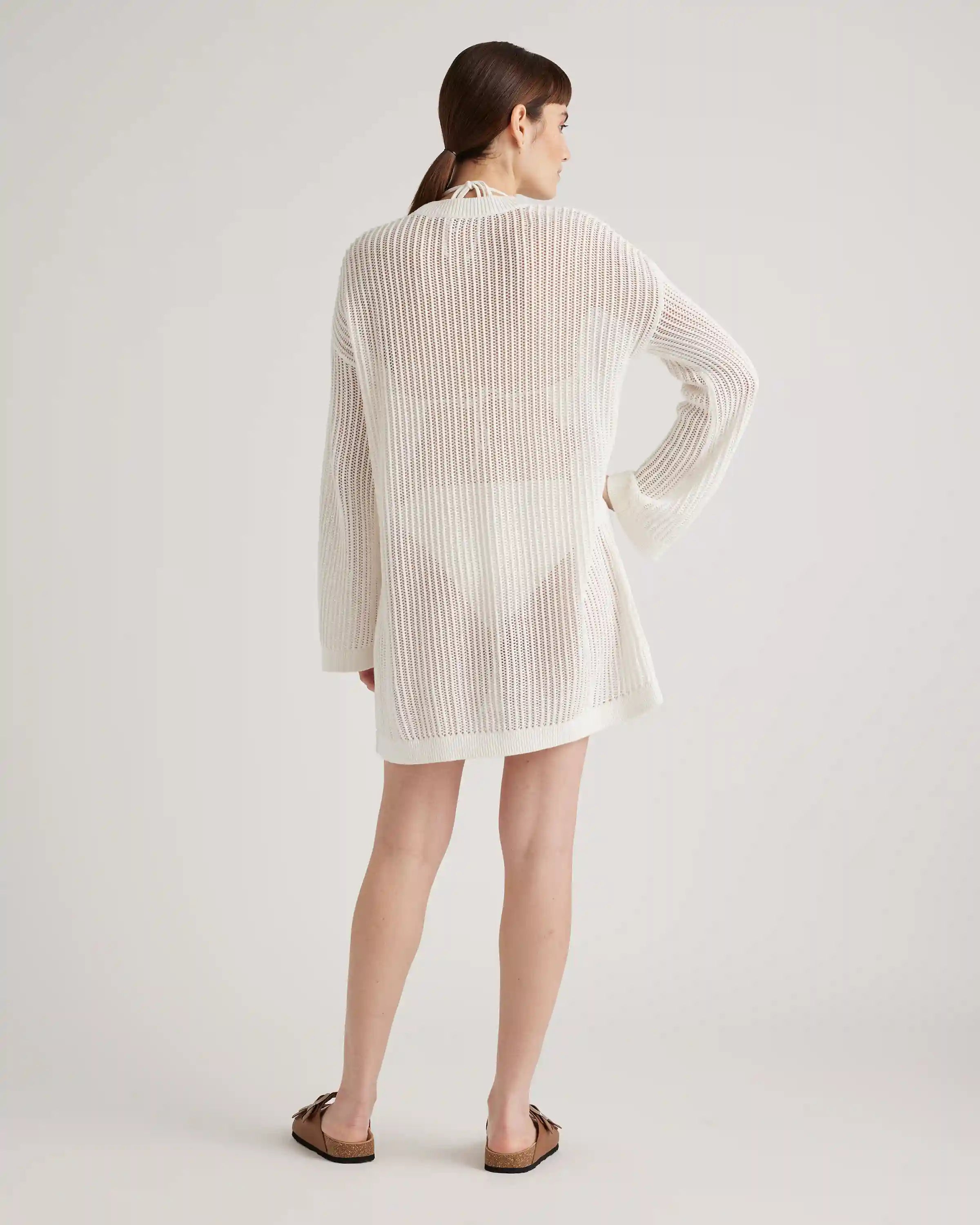 100% Organic Cotton Open-Knit Long Sleeve Cover-Up Mini Dress