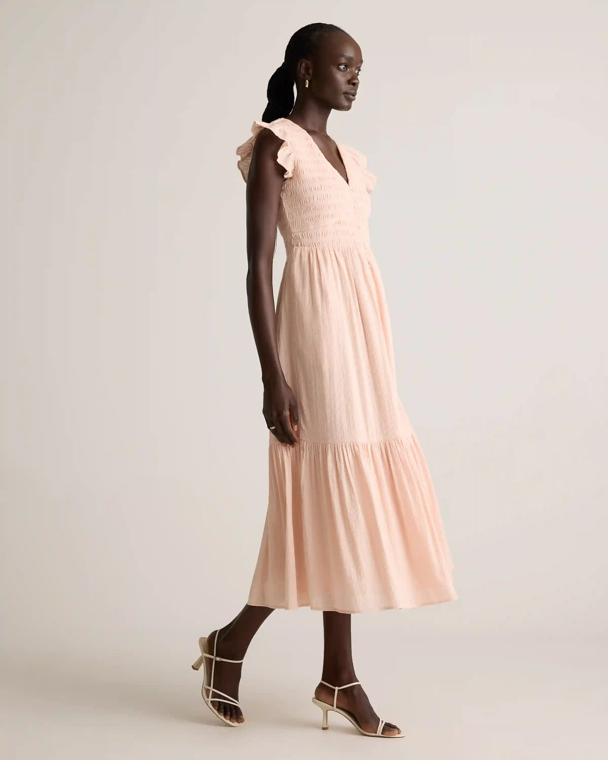 Organic Textured Cotton Smocked V-Neck Midi Dress