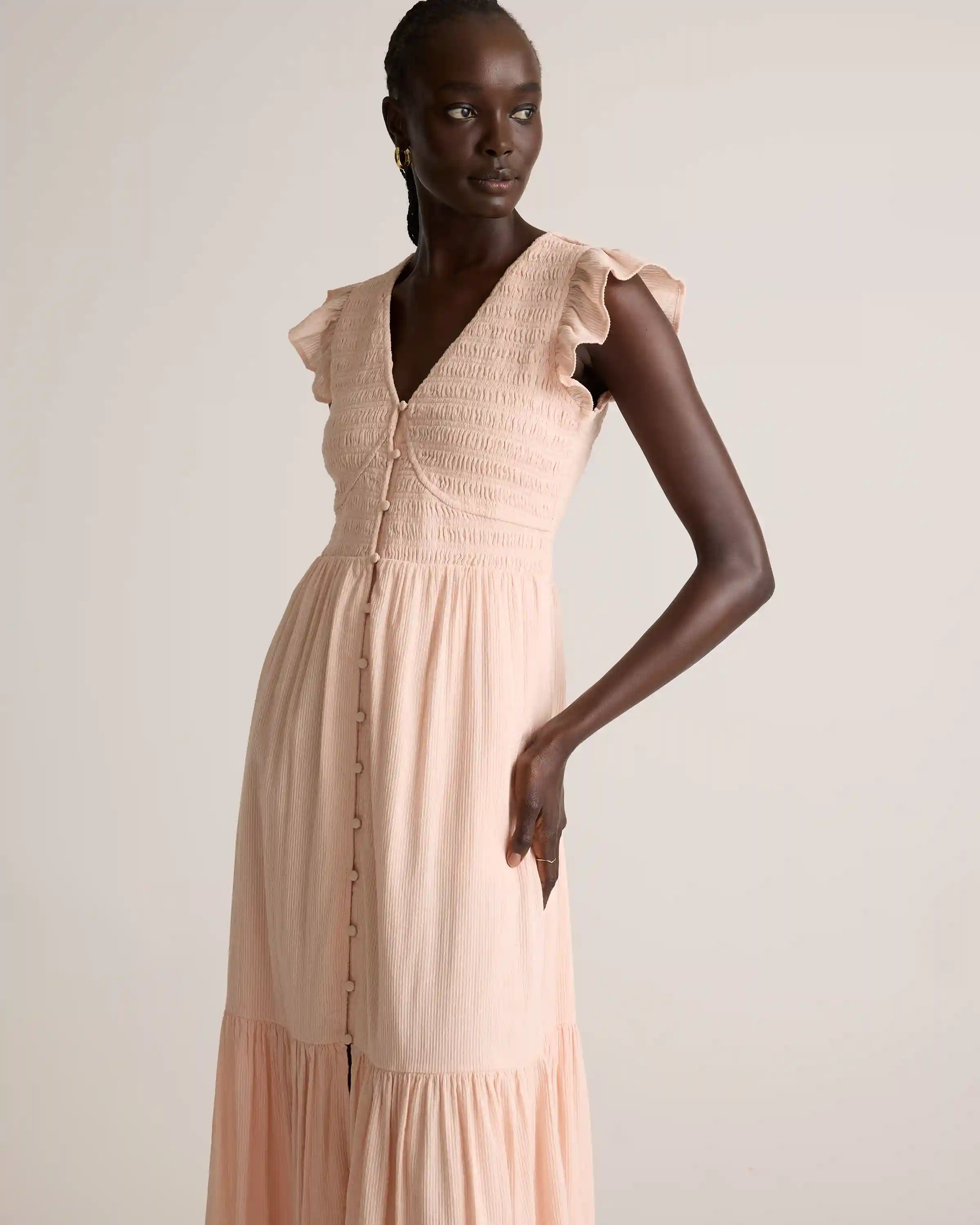 Organic Textured Cotton Smocked V-Neck Midi Dress
