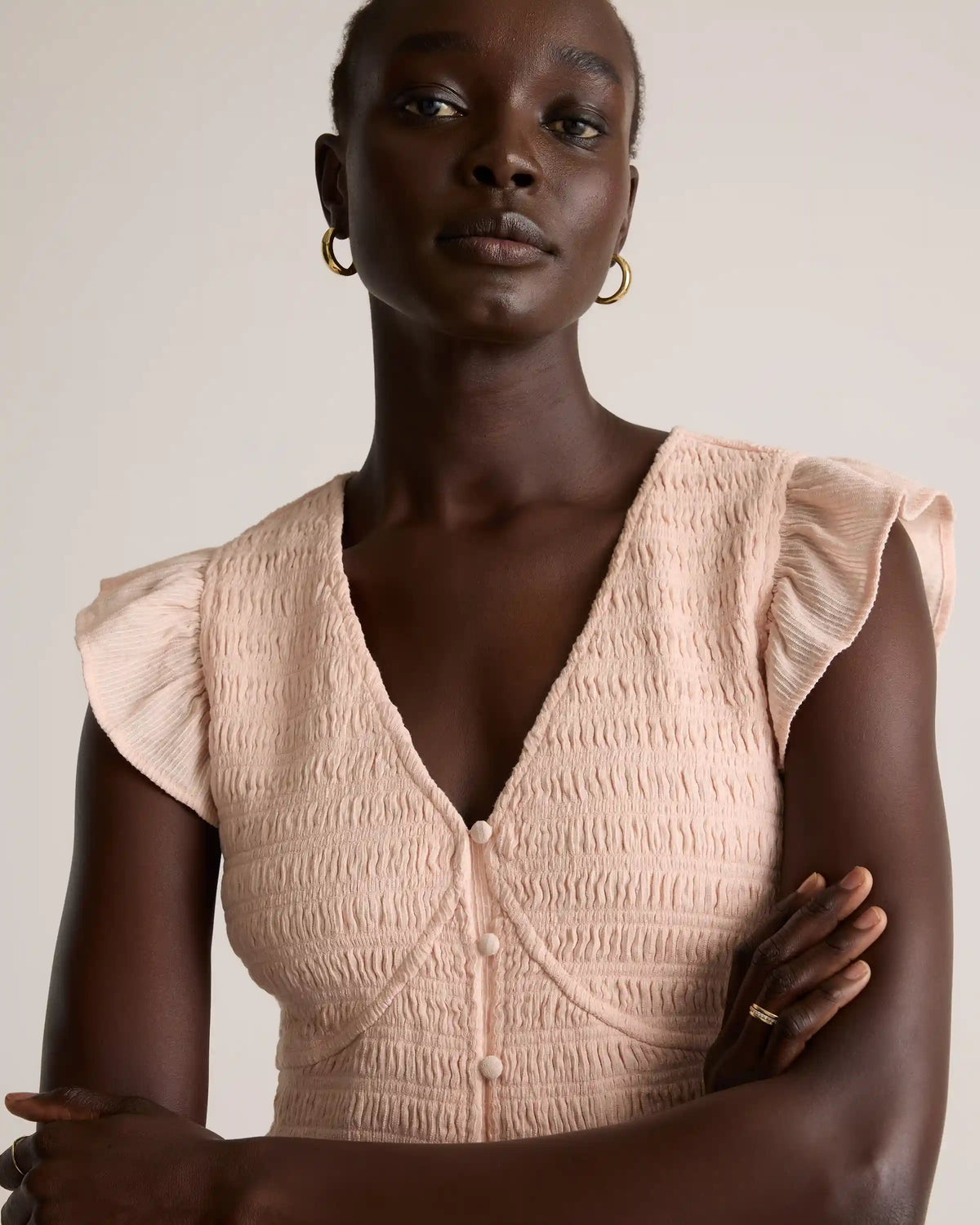 Organic Textured Cotton Smocked V-Neck Midi Dress