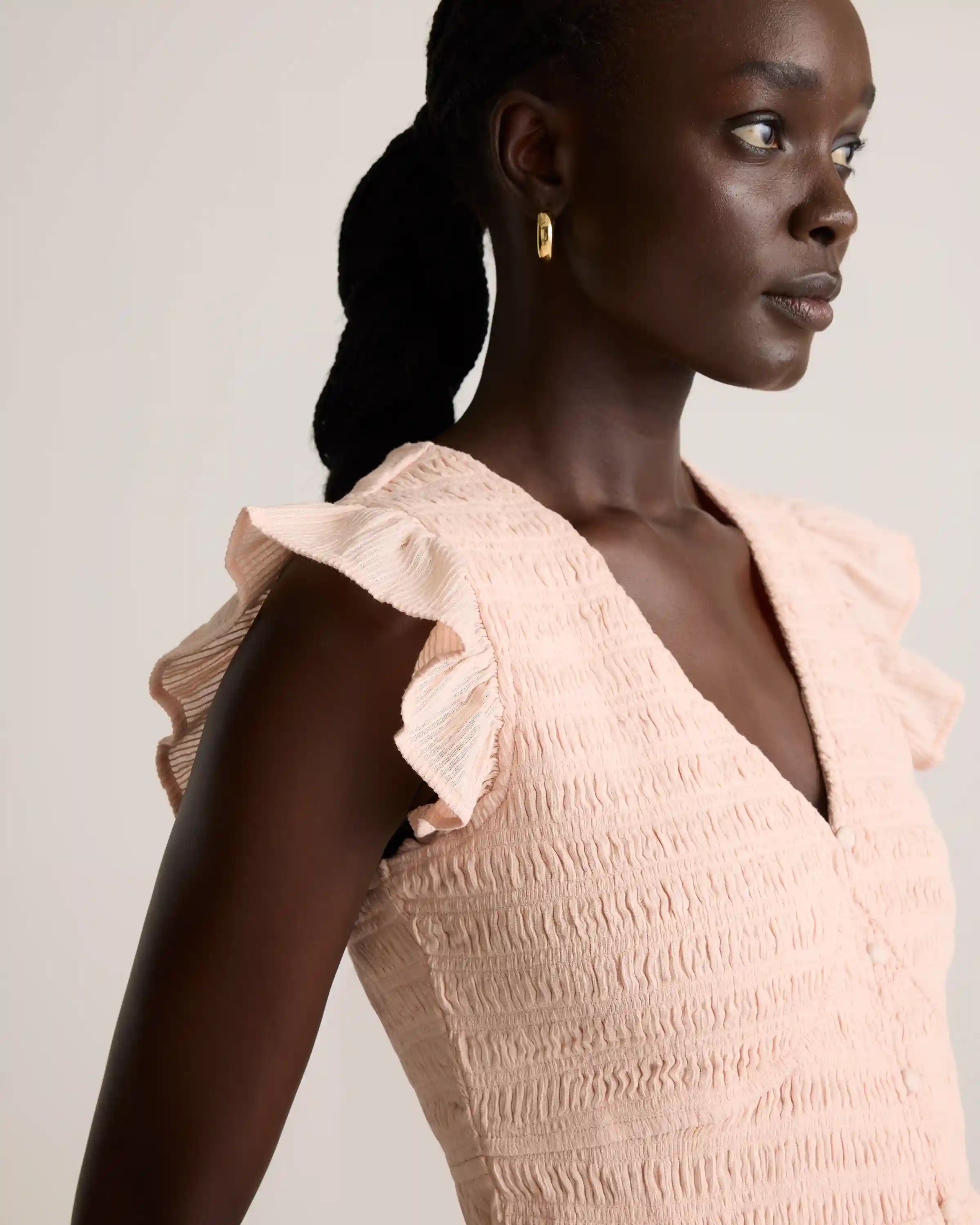 Organic Textured Cotton Smocked V-Neck Midi Dress