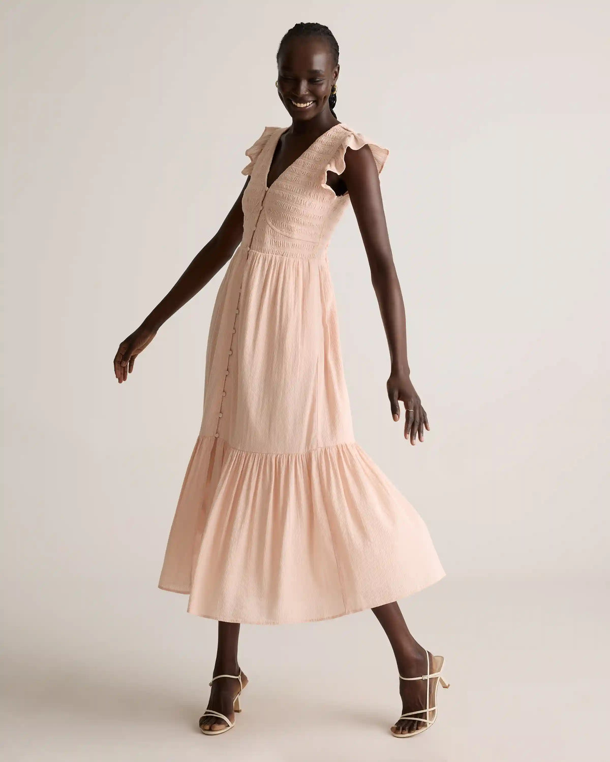 Organic Textured Cotton Smocked V-Neck Midi Dress