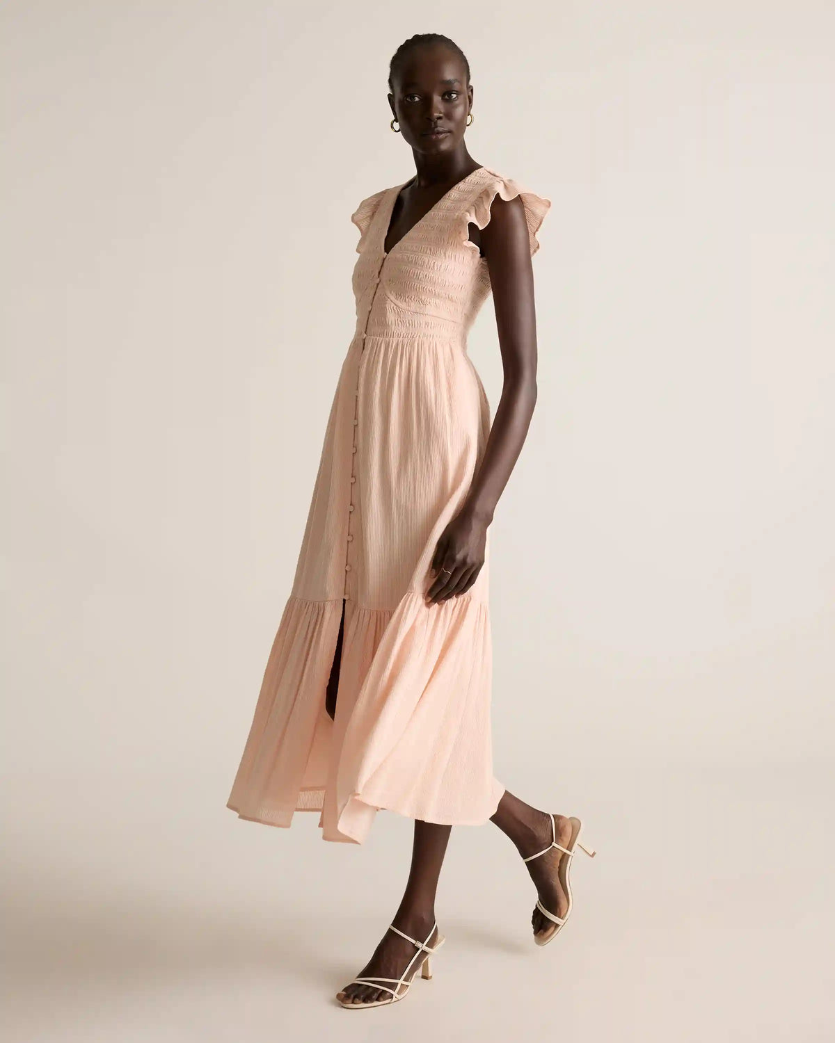 Organic Textured Cotton Smocked V-Neck Midi Dress
