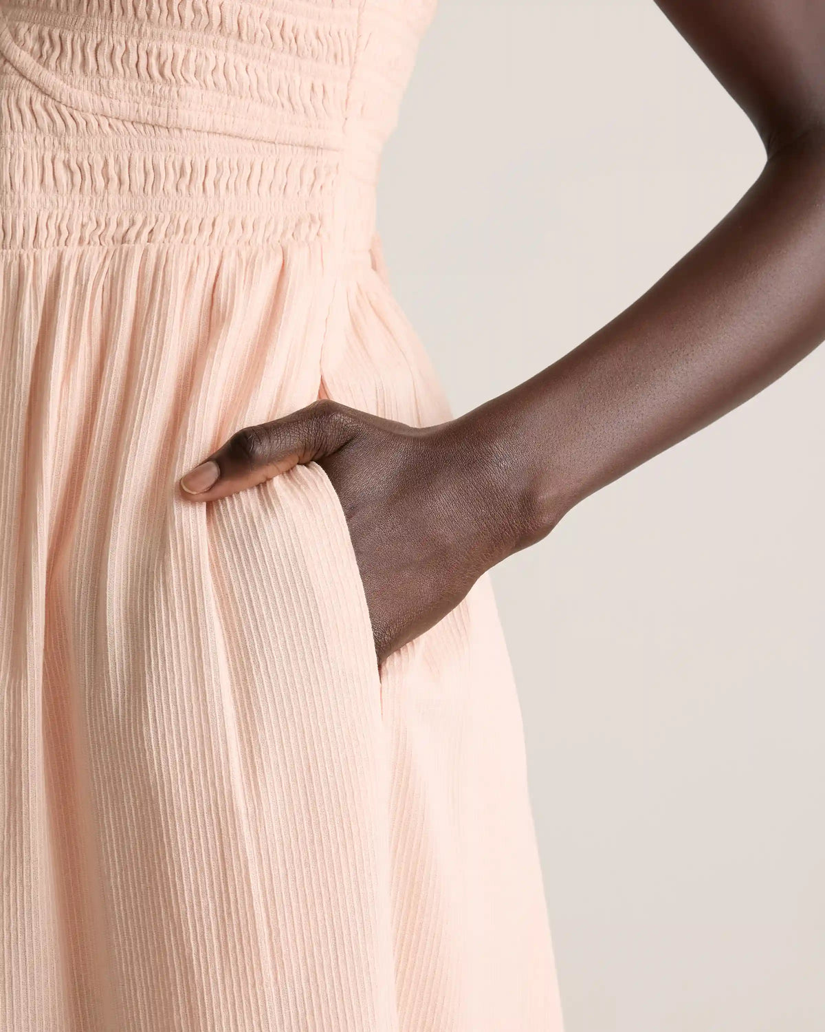 Organic Textured Cotton Smocked V-Neck Midi Dress