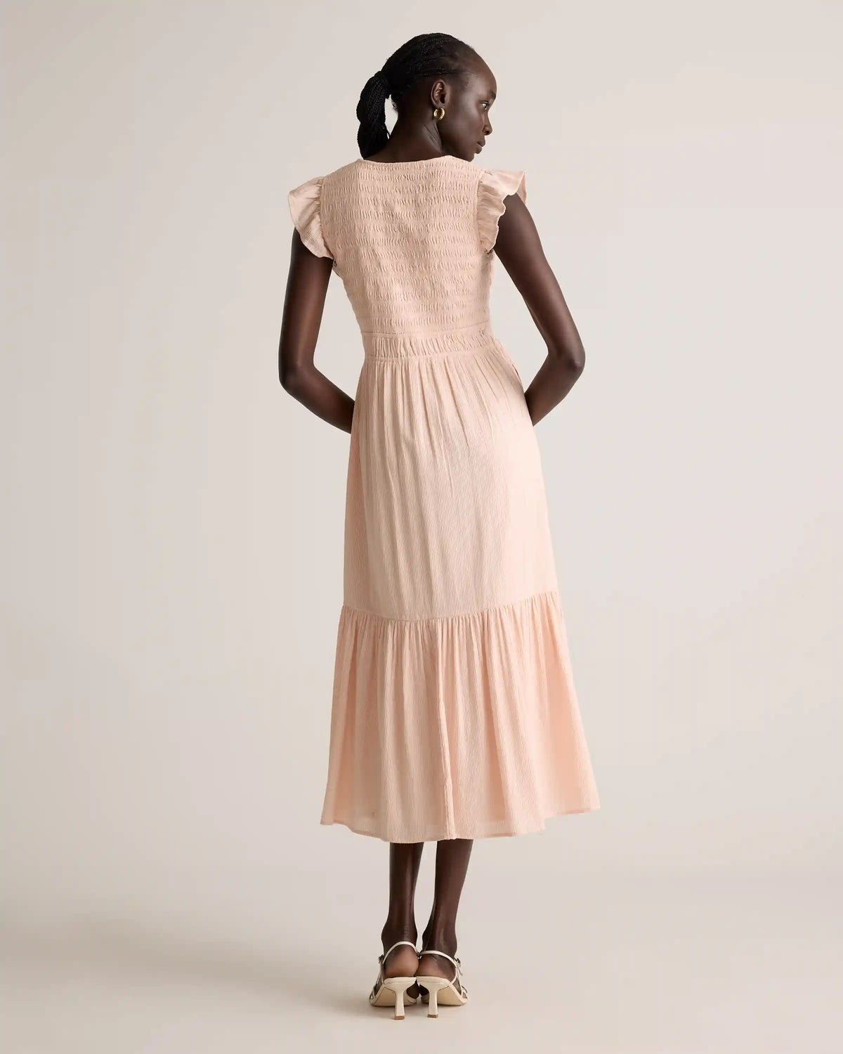 Organic Textured Cotton Smocked V-Neck Midi Dress