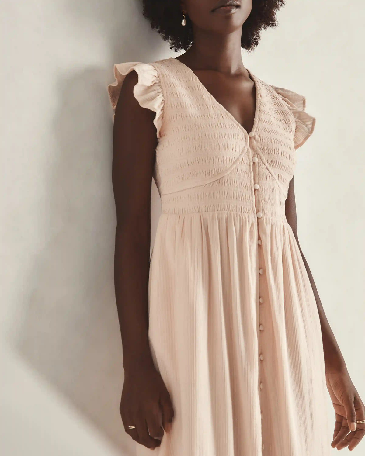 Organic Textured Cotton Smocked V-Neck Midi Dress