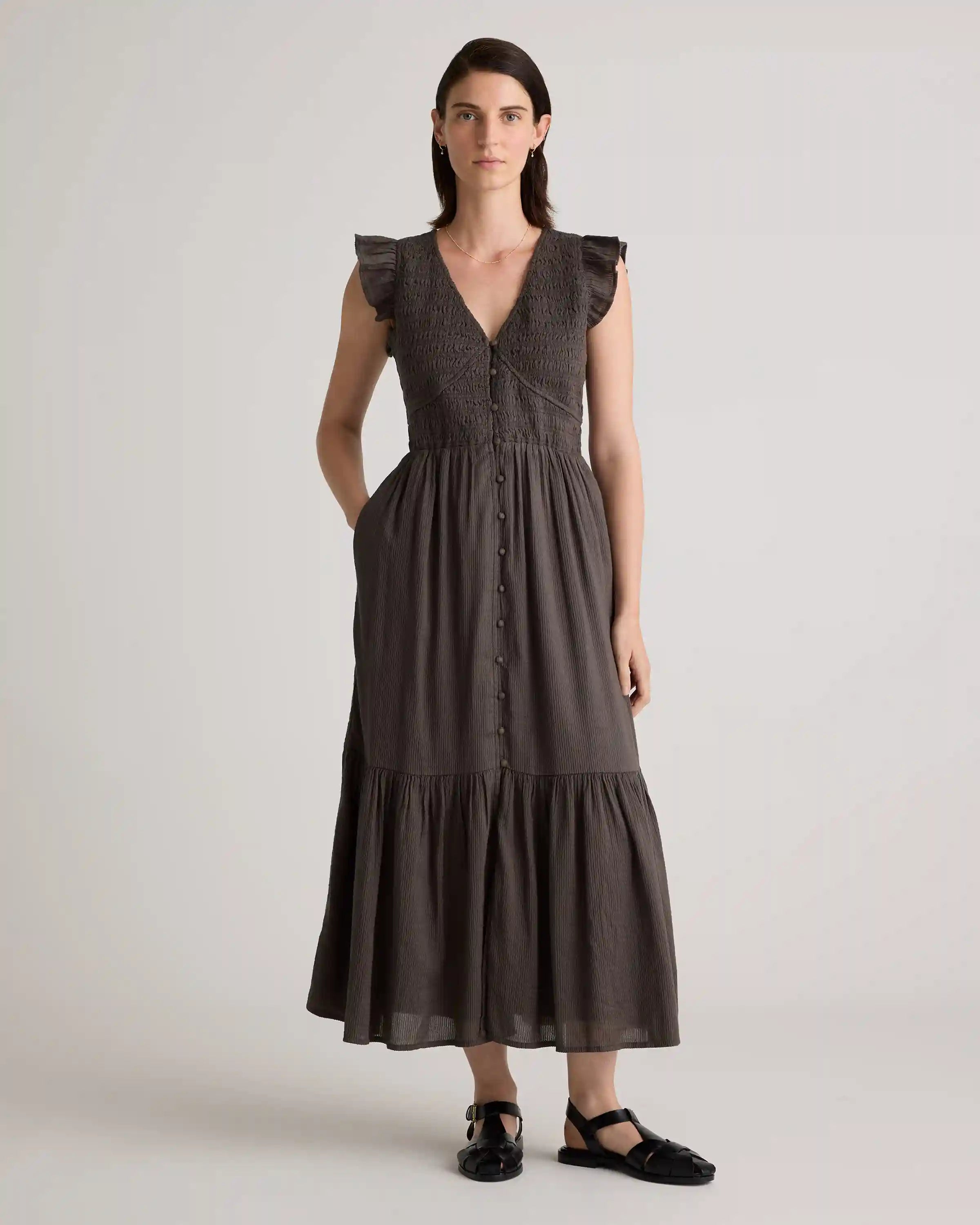 Organic Textured Cotton Smocked V-Neck Midi Dress