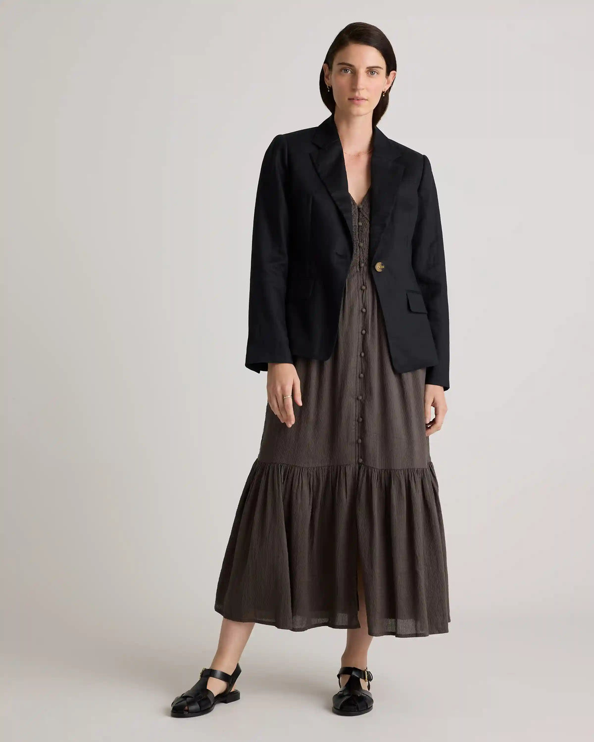Organic Textured Cotton Smocked V-Neck Midi Dress