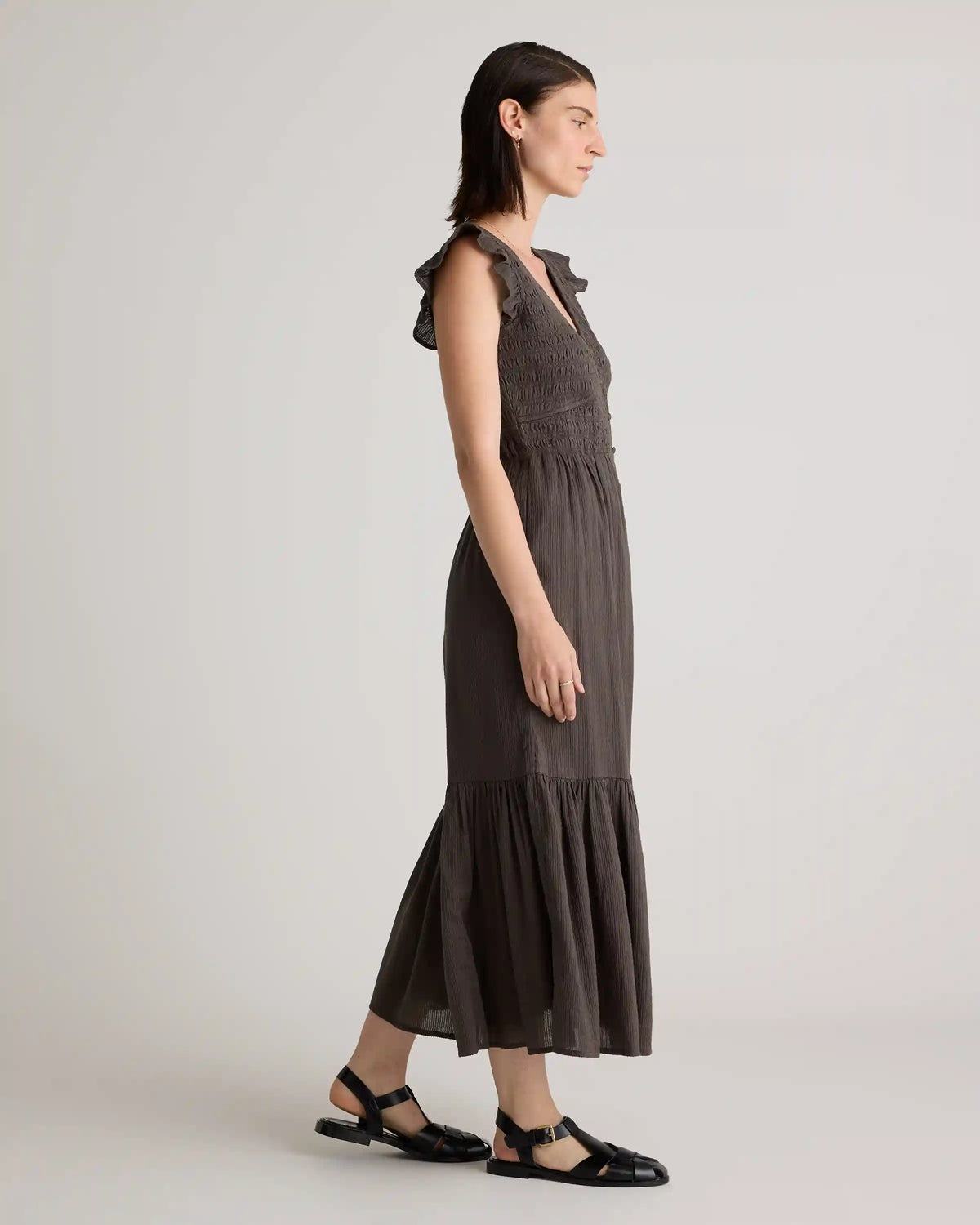 Organic Textured Cotton Smocked V-Neck Midi Dress