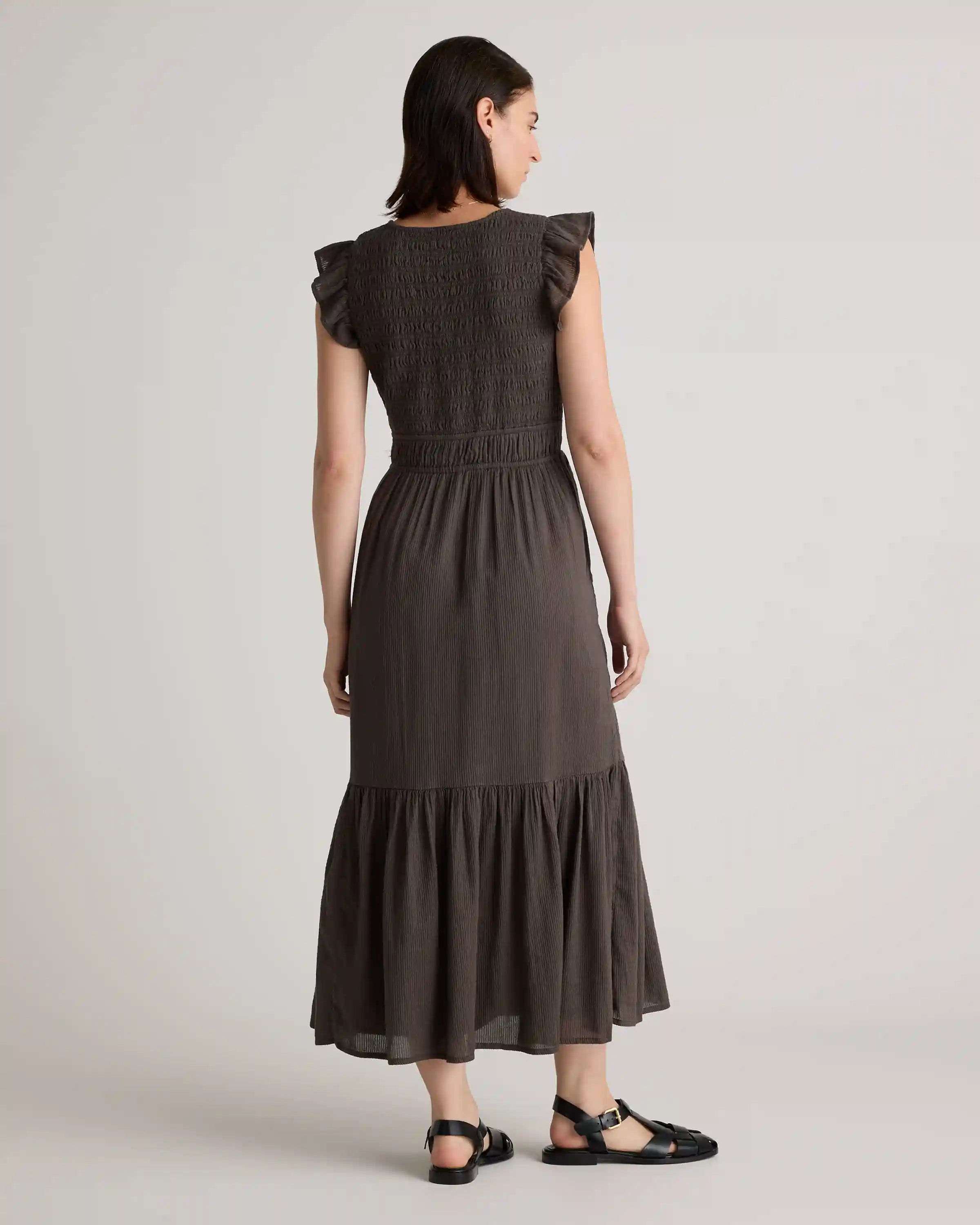 Organic Textured Cotton Smocked V-Neck Midi Dress