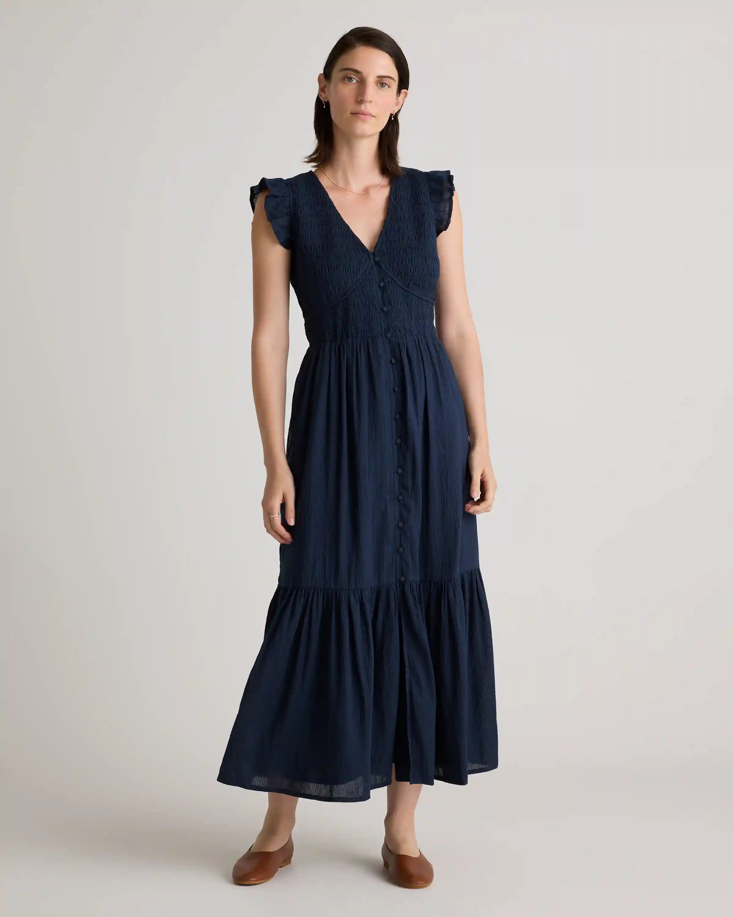 Organic Textured Cotton Smocked V-Neck Midi Dress