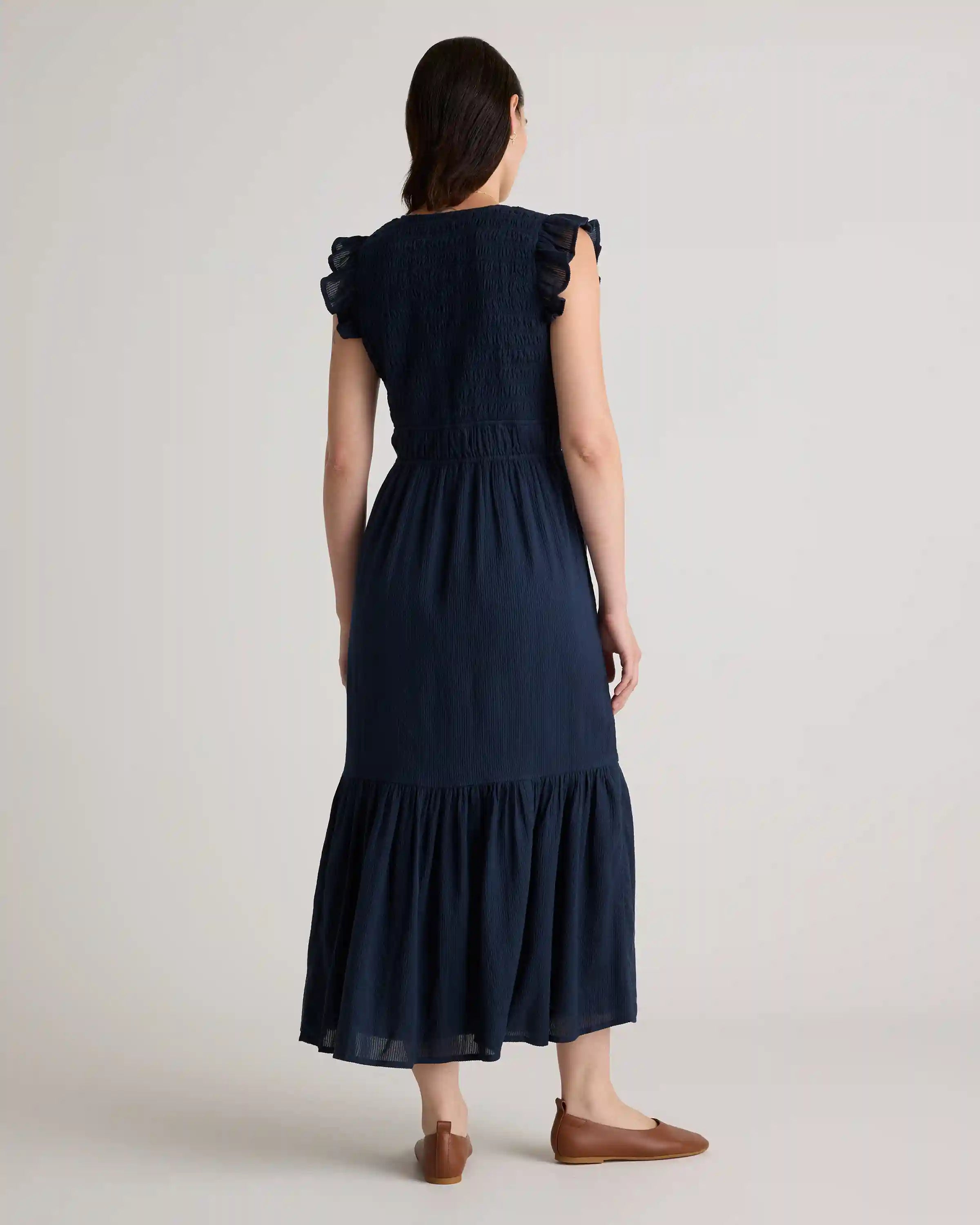 Organic Textured Cotton Smocked V-Neck Midi Dress