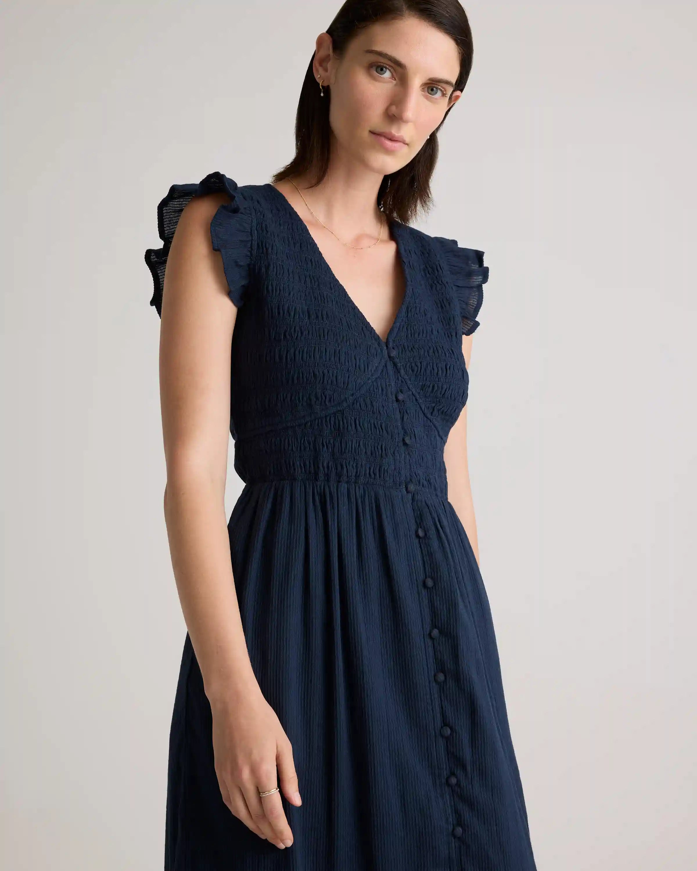 Organic Textured Cotton Smocked V-Neck Midi Dress