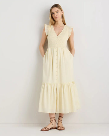 Organic Textured Cotton Smocked V-Neck Midi Dress