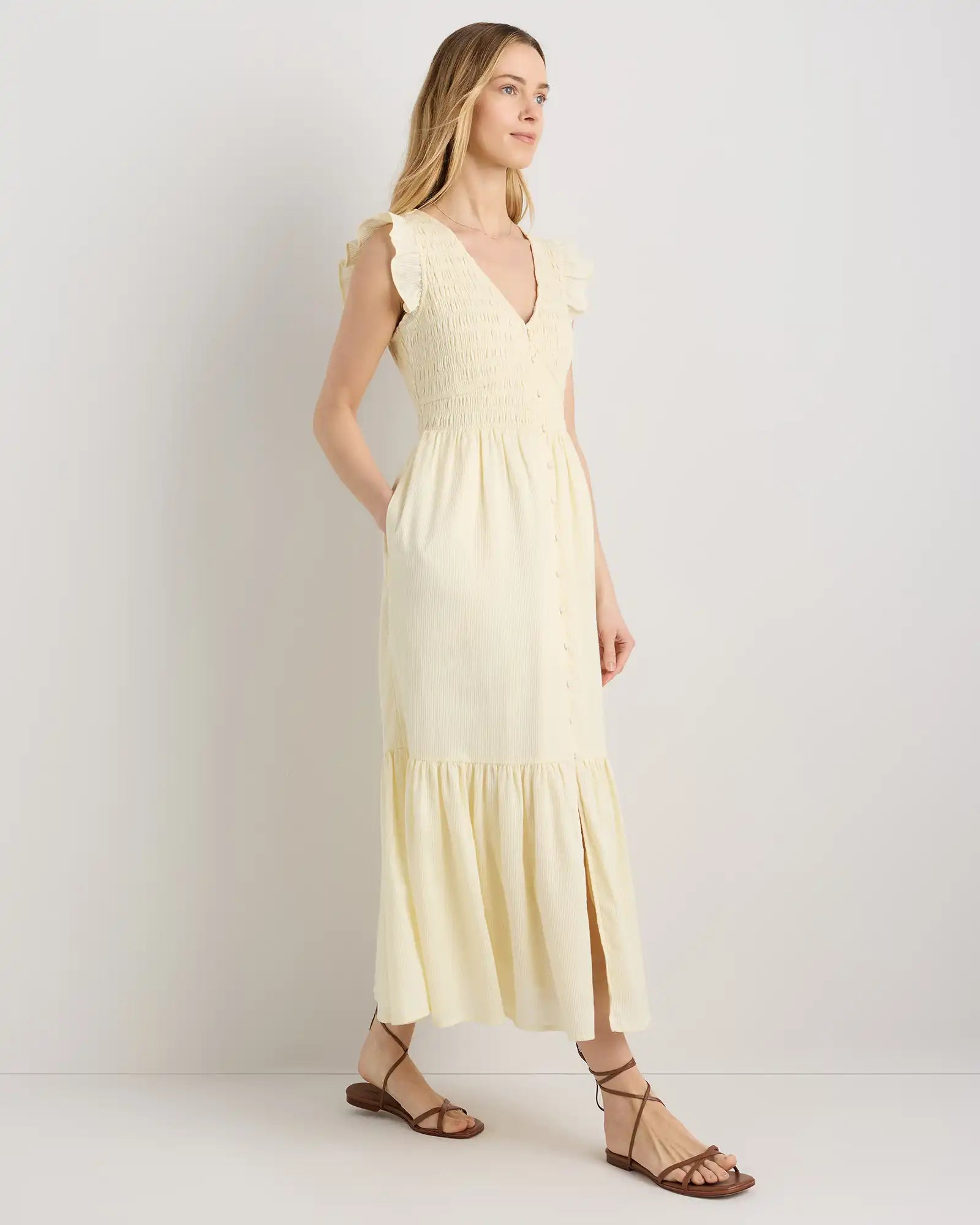 Organic Textured Cotton Smocked V-Neck Midi Dress