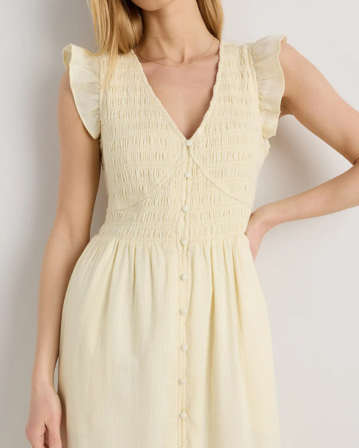 Organic Textured Cotton Smocked V-Neck Midi Dress