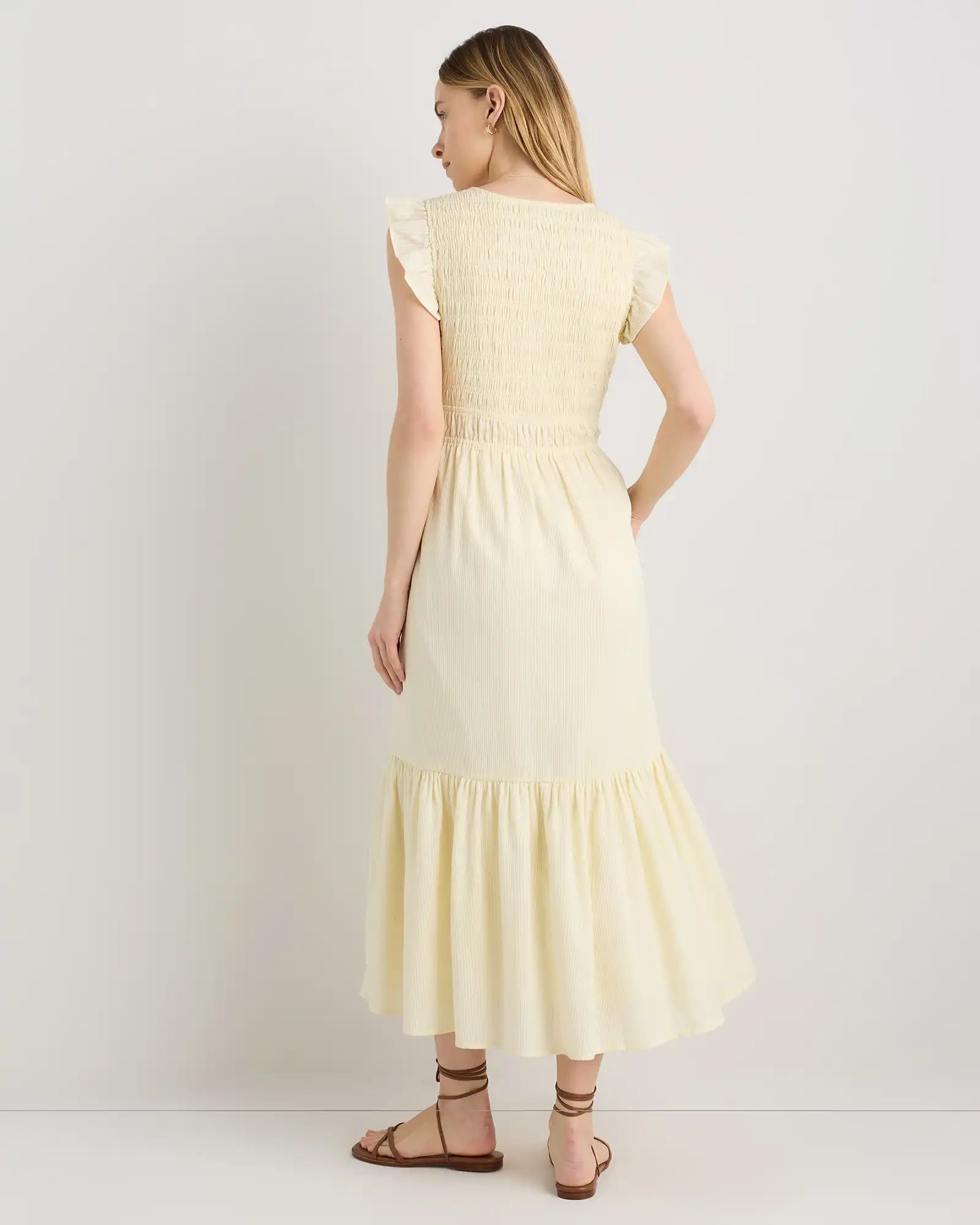 Organic Textured Cotton Smocked V-Neck Midi Dress
