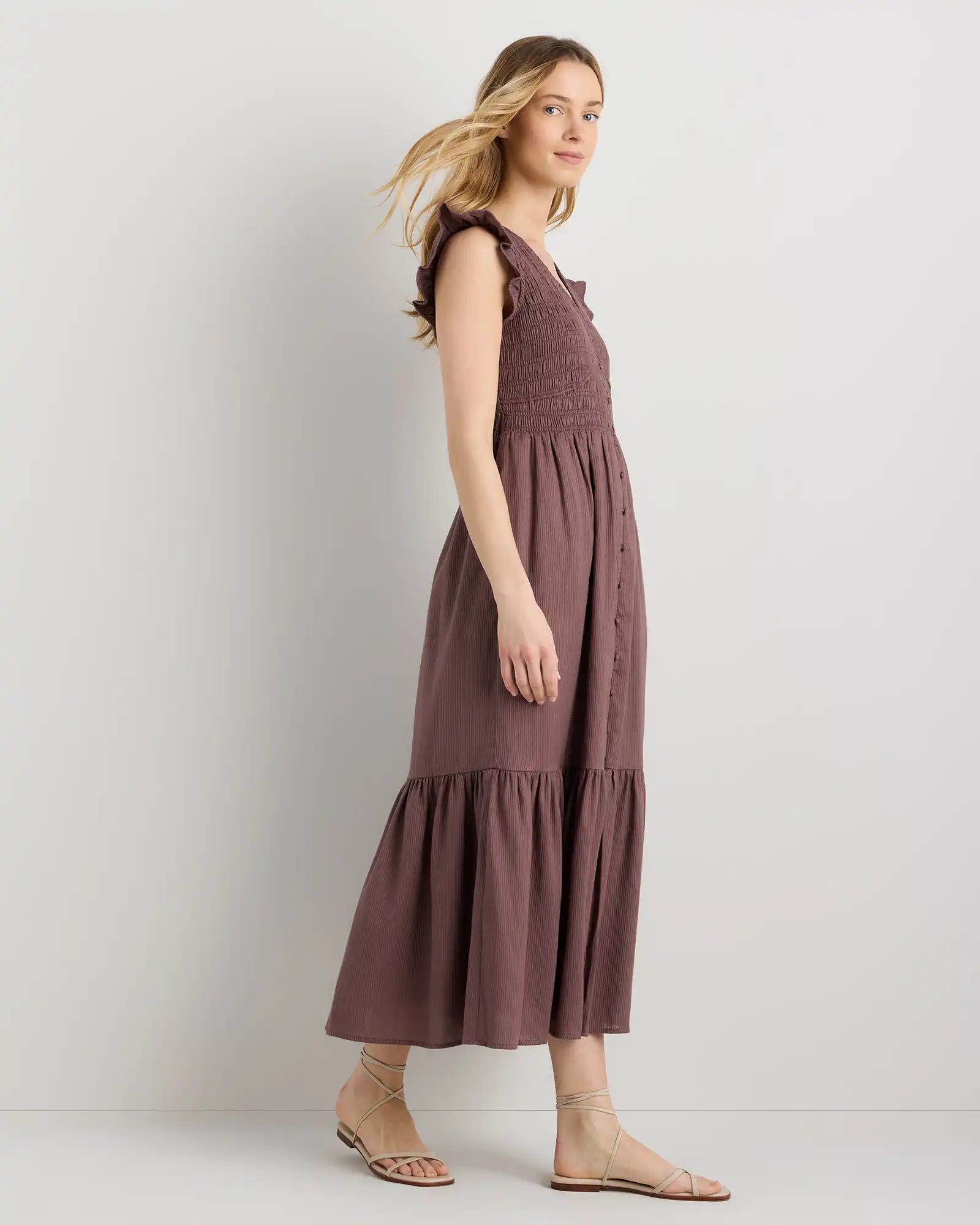Organic Textured Cotton Smocked V-Neck Midi Dress