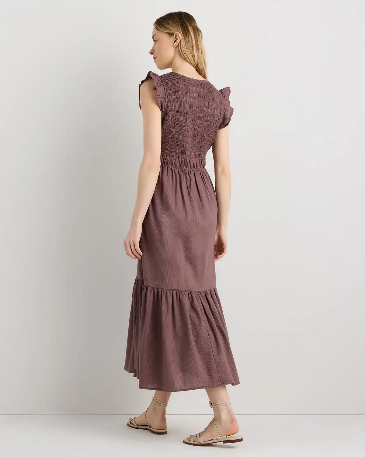 Organic Textured Cotton Smocked V-Neck Midi Dress