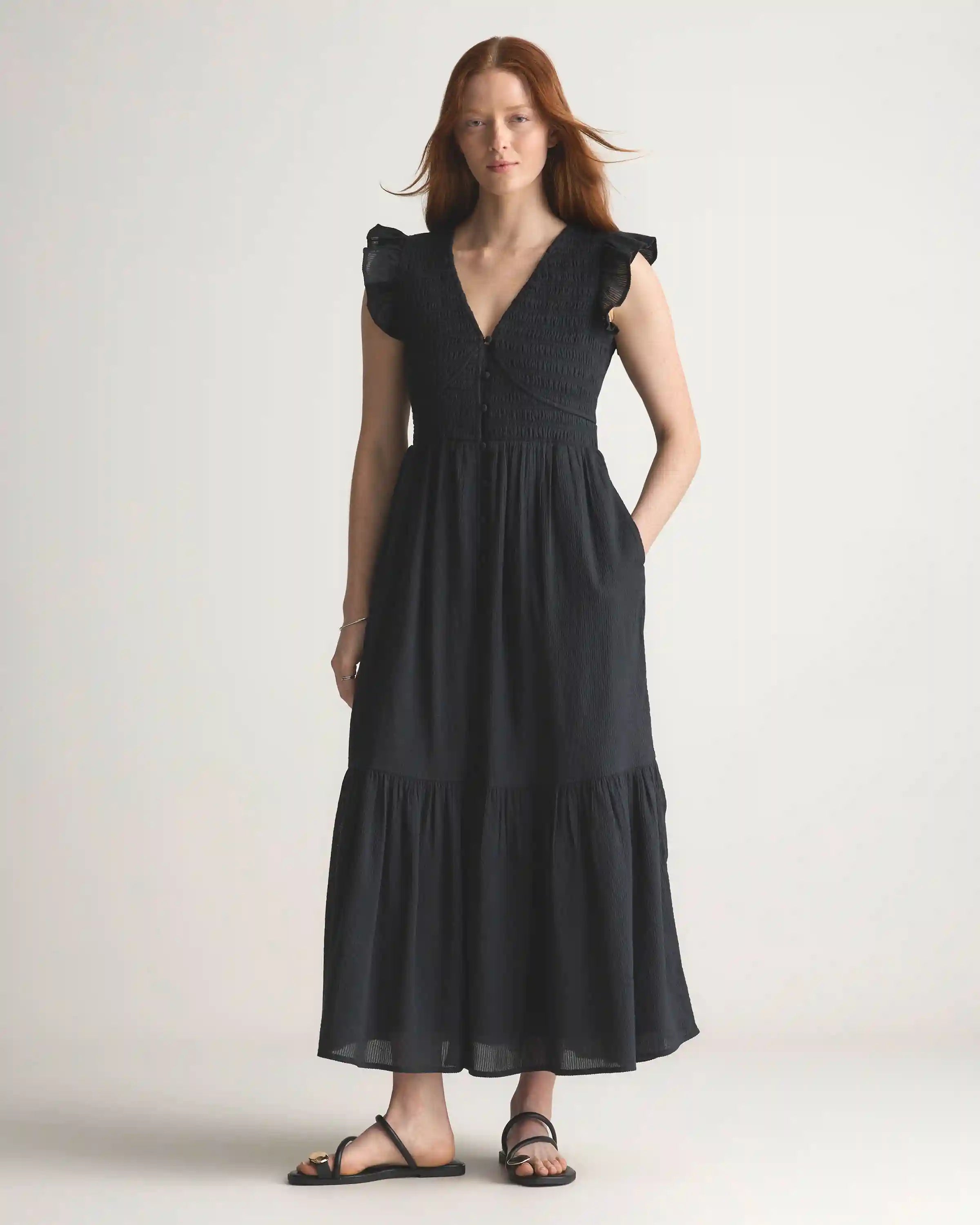 Organic Textured Cotton Smocked V-Neck Midi Dress