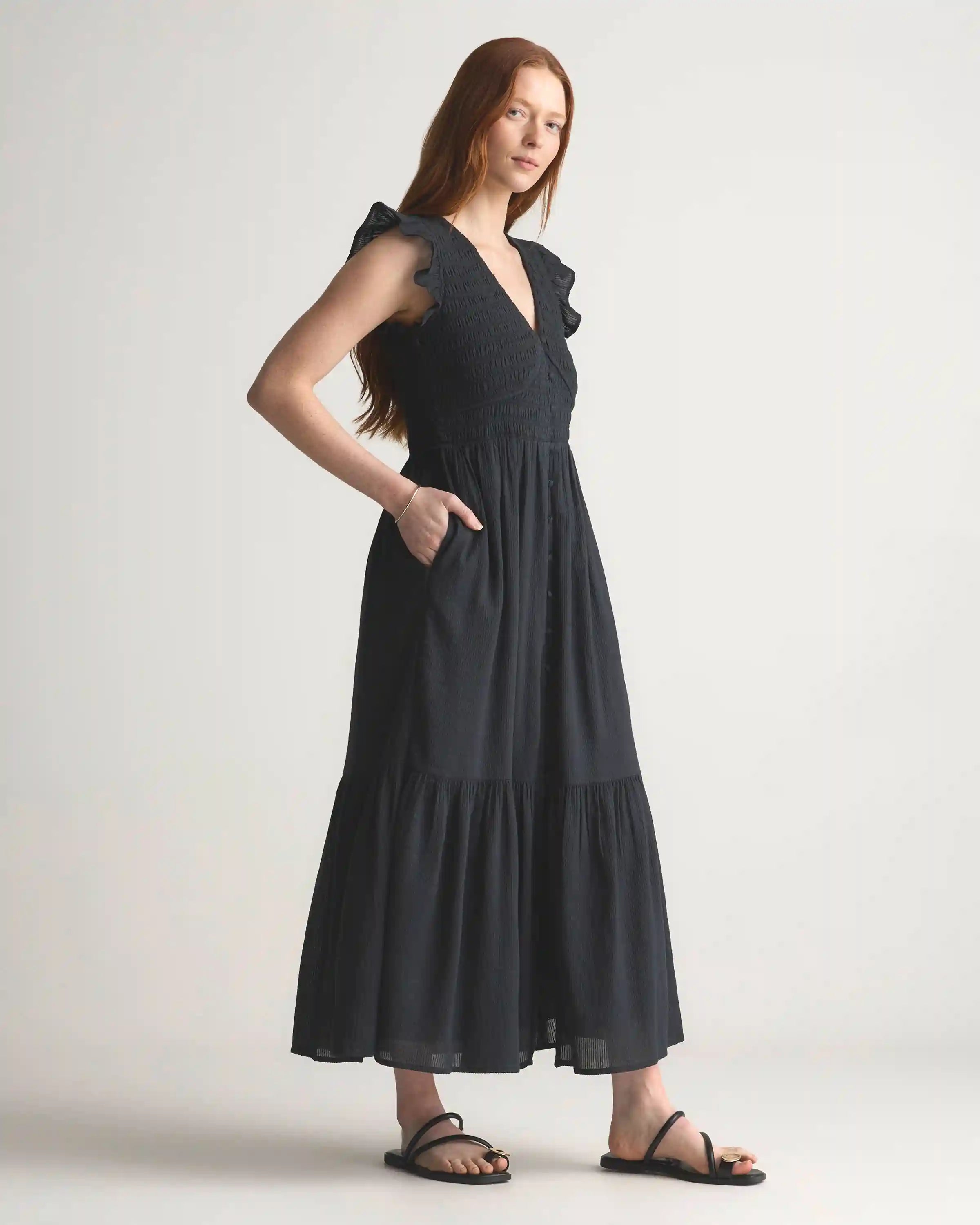 Organic Textured Cotton Smocked V-Neck Midi Dress